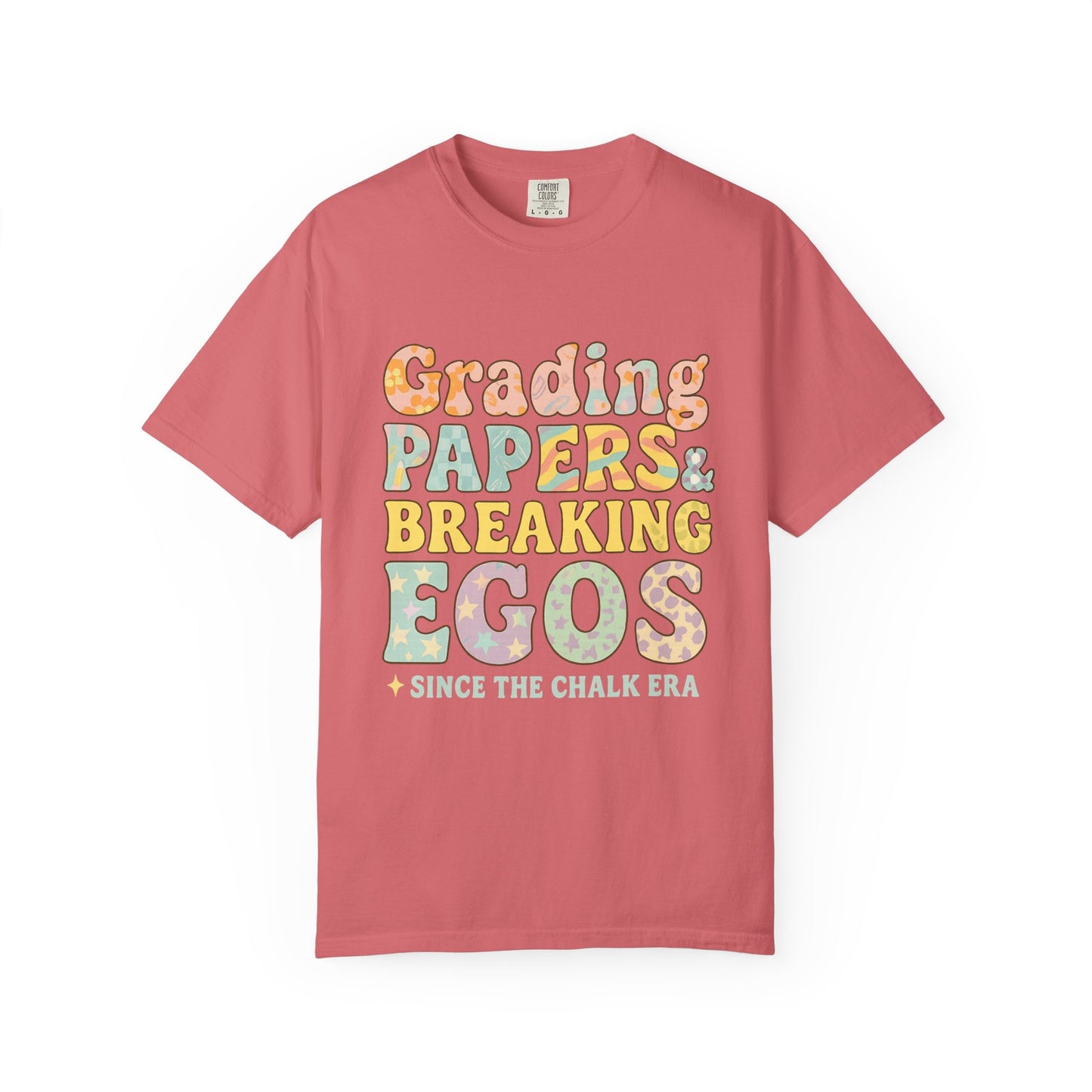 Grading Papers & Breaking Egos T-Shirt – Earthy Retro Teacher Shirt – Leopard Print, Stars, Chalk Era Quote – Trendy Teacher Gift