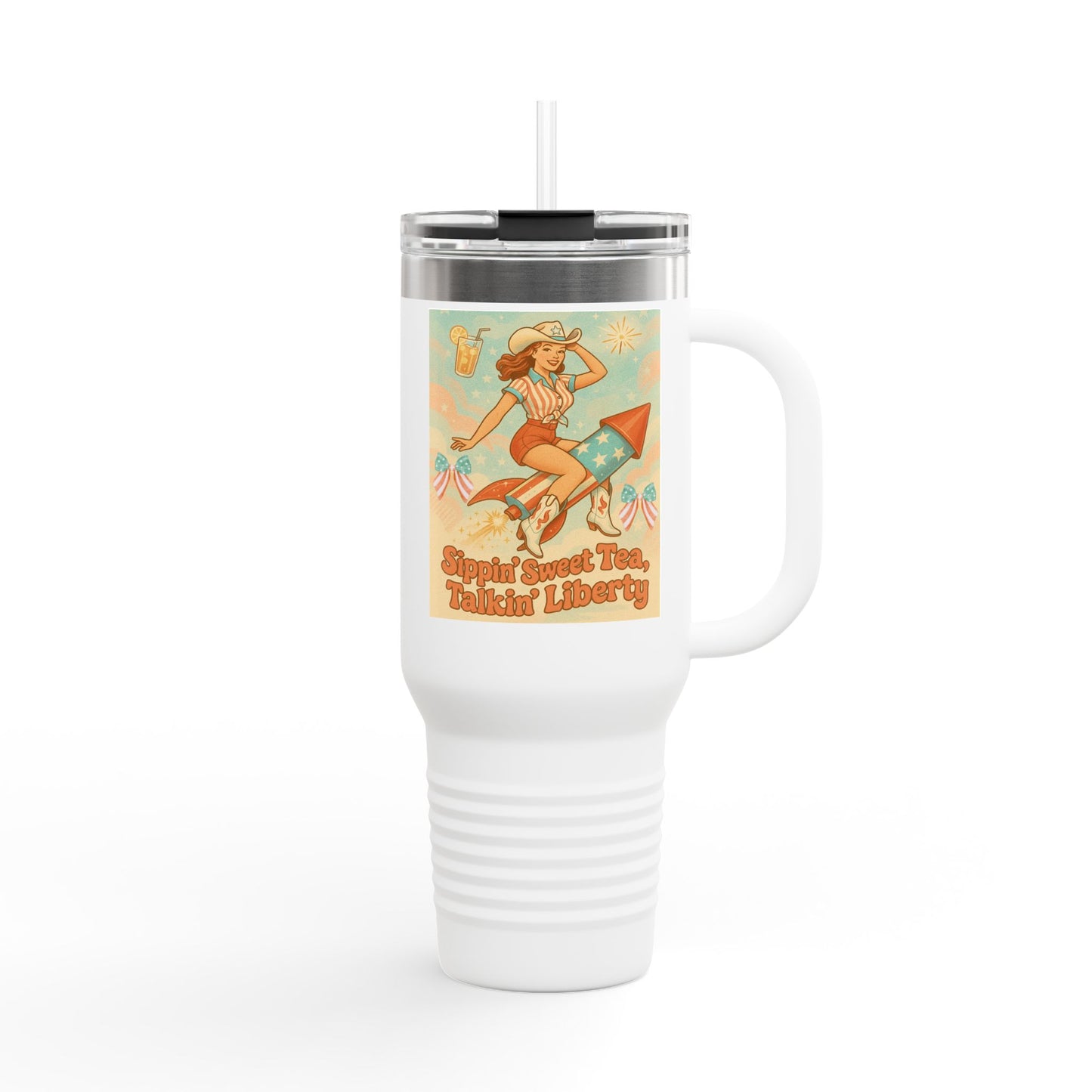 Personalized 4th of July Tumbler. Independence Day – “Sippin’ Sweet Tea, Talkin’ Liberty” – Custom Name – Amy’s Freedom Juice – Patriotic Cowgirl Rocket Design