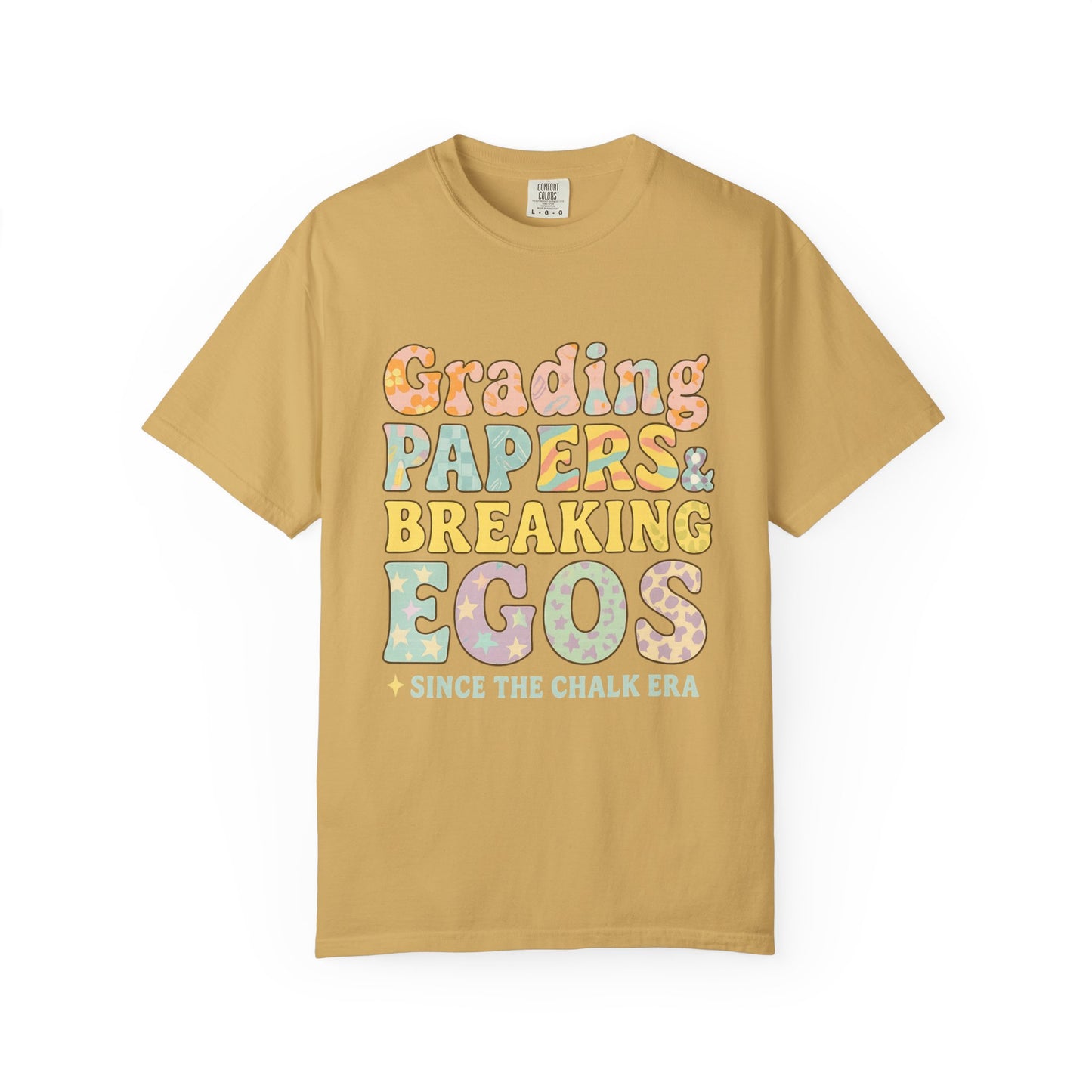 Grading Papers & Breaking Egos T-Shirt – Earthy Retro Teacher Shirt – Leopard Print, Stars, Chalk Era Quote – Trendy Teacher Gift