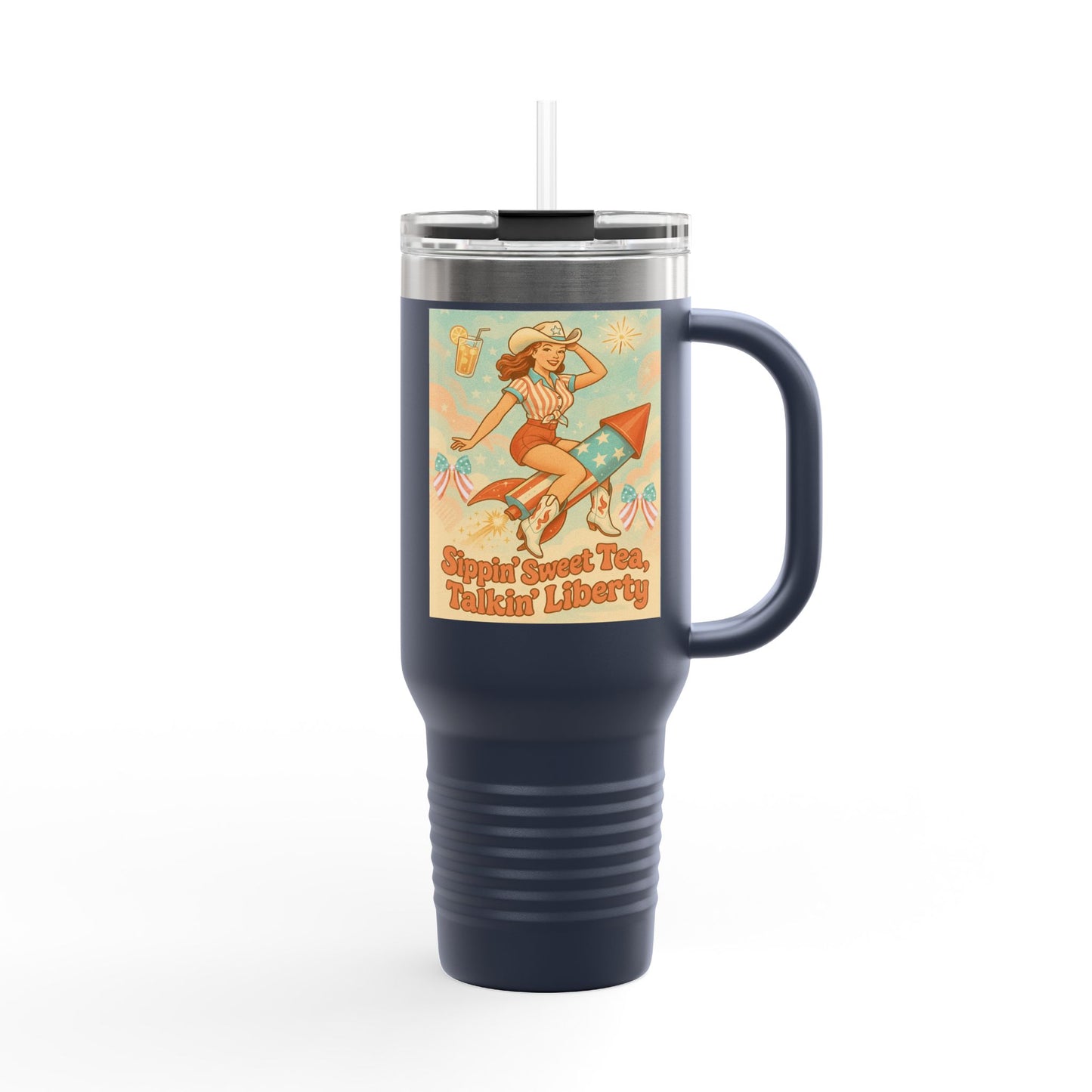 Personalized 4th of July Tumbler. Independence Day – “Sippin’ Sweet Tea, Talkin’ Liberty” – Custom Name – Amy’s Freedom Juice – Patriotic Cowgirl Rocket Design