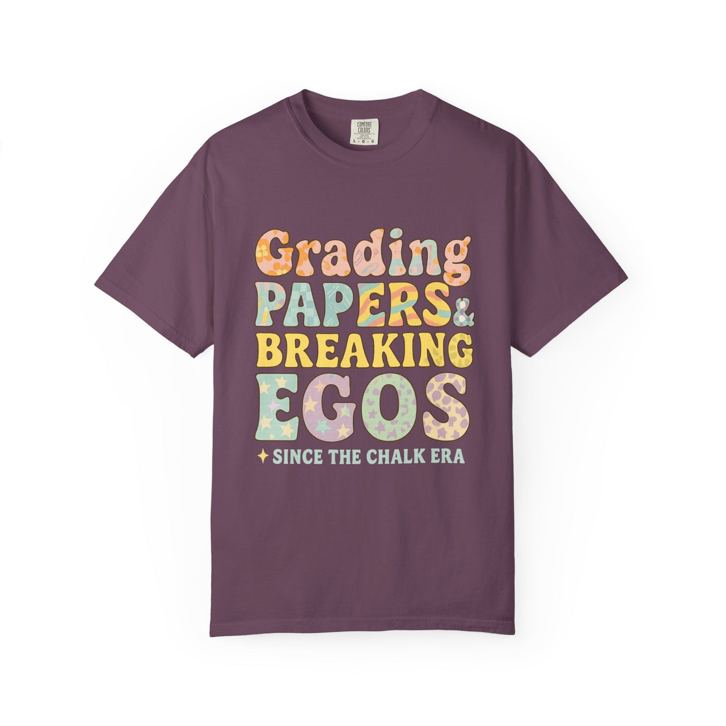 Grading Papers & Breaking Egos T-Shirt – Earthy Retro Teacher Shirt – Leopard Print, Stars, Chalk Era Quote – Trendy Teacher Gift