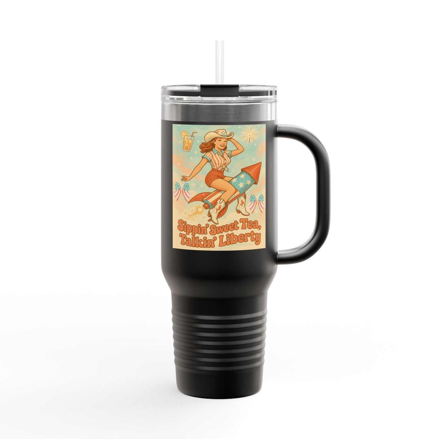 Personalized 4th of July Tumbler. Independence Day – “Sippin’ Sweet Tea, Talkin’ Liberty” – Custom Name – Amy’s Freedom Juice – Patriotic Cowgirl Rocket Design