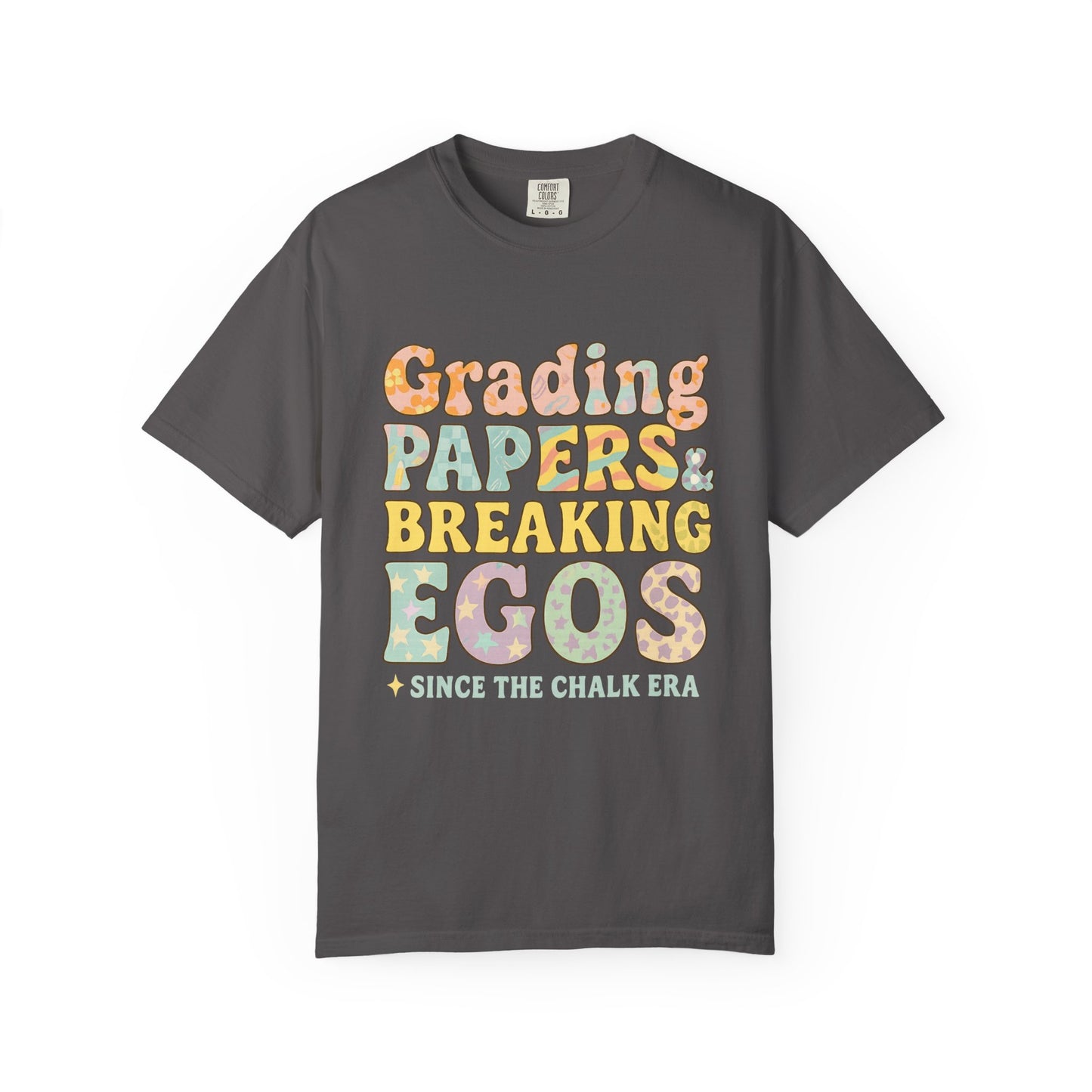 Grading Papers & Breaking Egos T-Shirt – Earthy Retro Teacher Shirt – Leopard Print, Stars, Chalk Era Quote – Trendy Teacher Gift