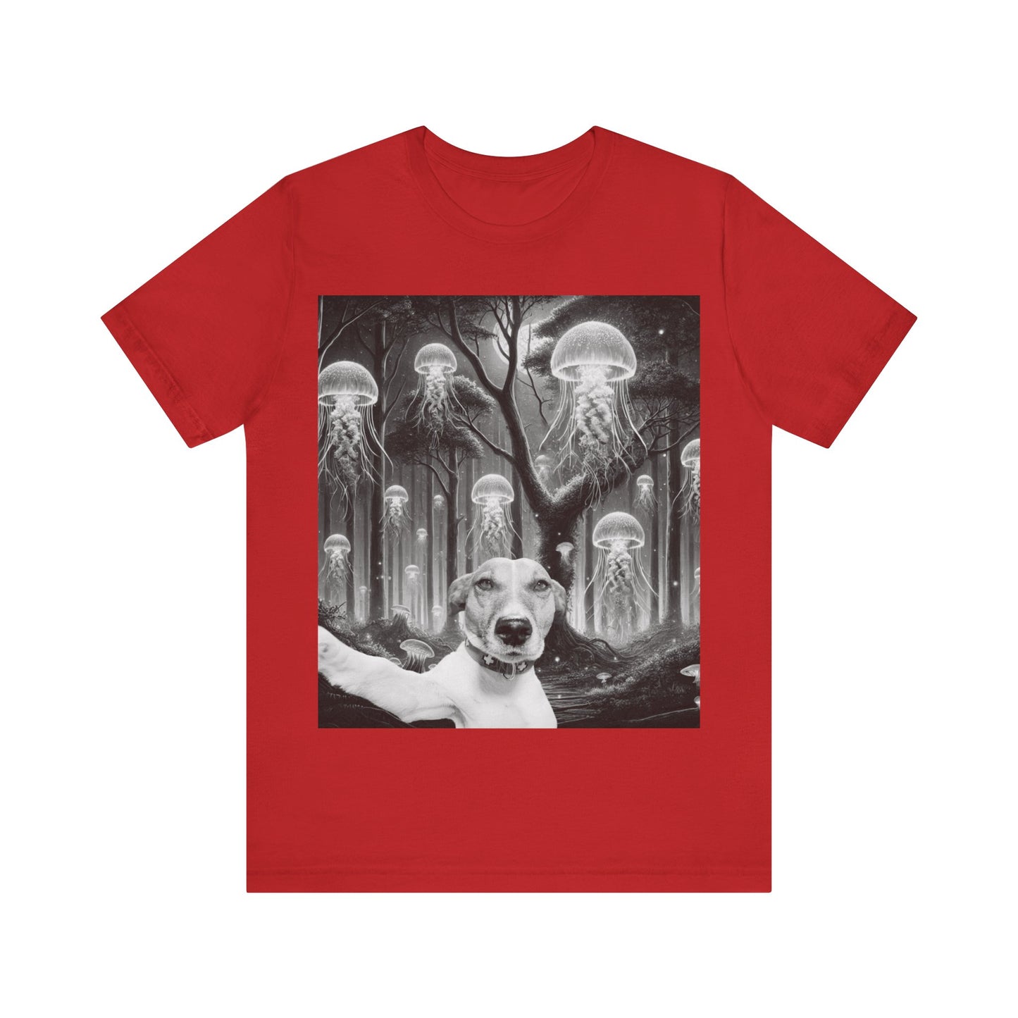 Cosmic Dog Selfie T-Shirt – Surreal Jellyfish Forest Tee | Funny Space Dog Shirt for Animal & Fantasy Art Lovers