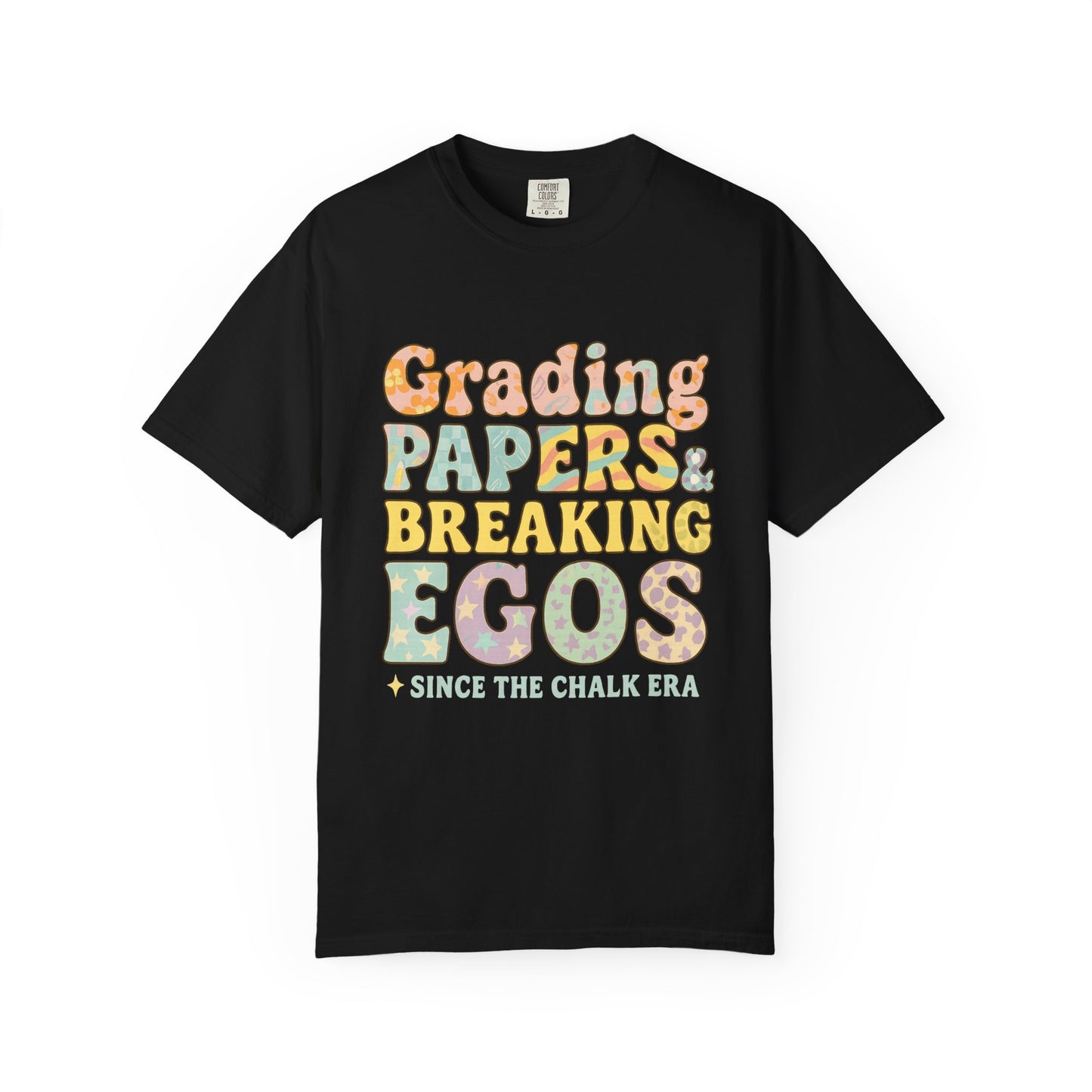 Grading Papers & Breaking Egos T-Shirt – Earthy Retro Teacher Shirt – Leopard Print, Stars, Chalk Era Quote – Trendy Teacher Gift
