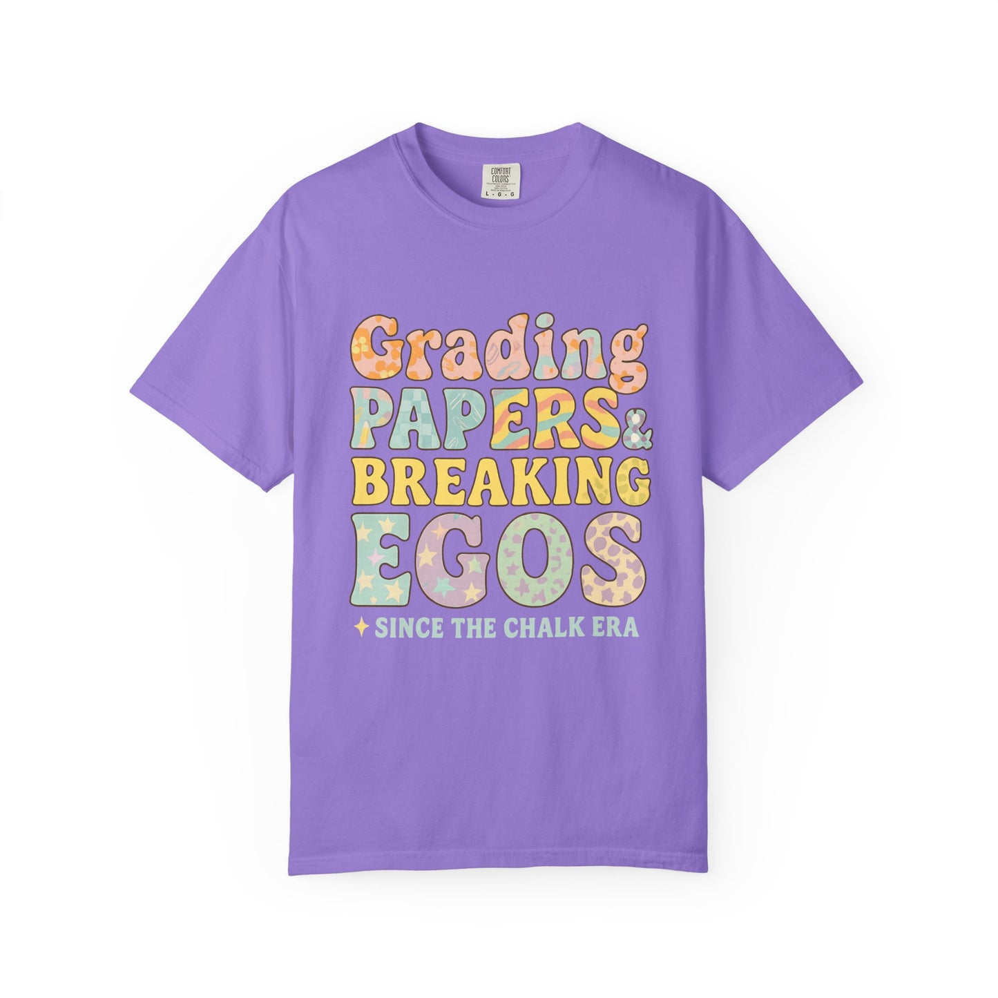 Grading Papers & Breaking Egos T-Shirt – Earthy Retro Teacher Shirt – Leopard Print, Stars, Chalk Era Quote – Trendy Teacher Gift
