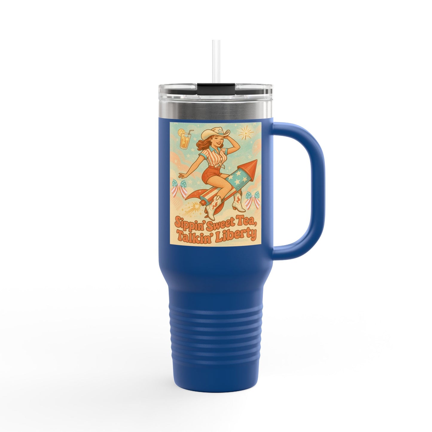 Personalized 4th of July Tumbler. Independence Day – “Sippin’ Sweet Tea, Talkin’ Liberty” – Custom Name – Amy’s Freedom Juice – Patriotic Cowgirl Rocket Design