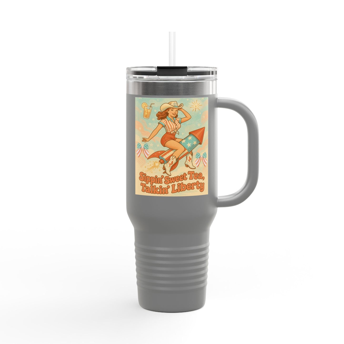 Personalized 4th of July Tumbler. Independence Day – “Sippin’ Sweet Tea, Talkin’ Liberty” – Custom Name – Amy’s Freedom Juice – Patriotic Cowgirl Rocket Design