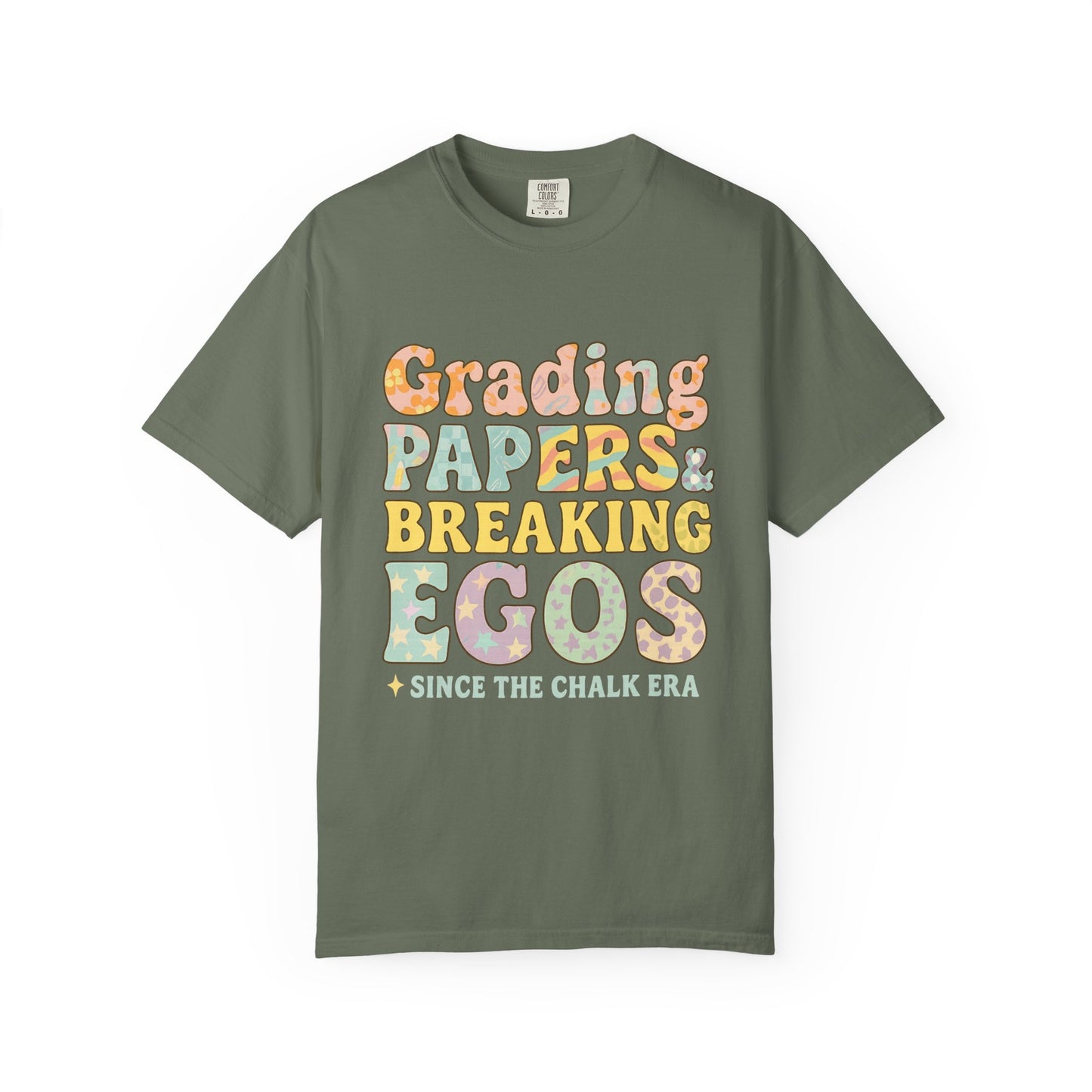 Grading Papers & Breaking Egos T-Shirt – Earthy Retro Teacher Shirt – Leopard Print, Stars, Chalk Era Quote – Trendy Teacher Gift