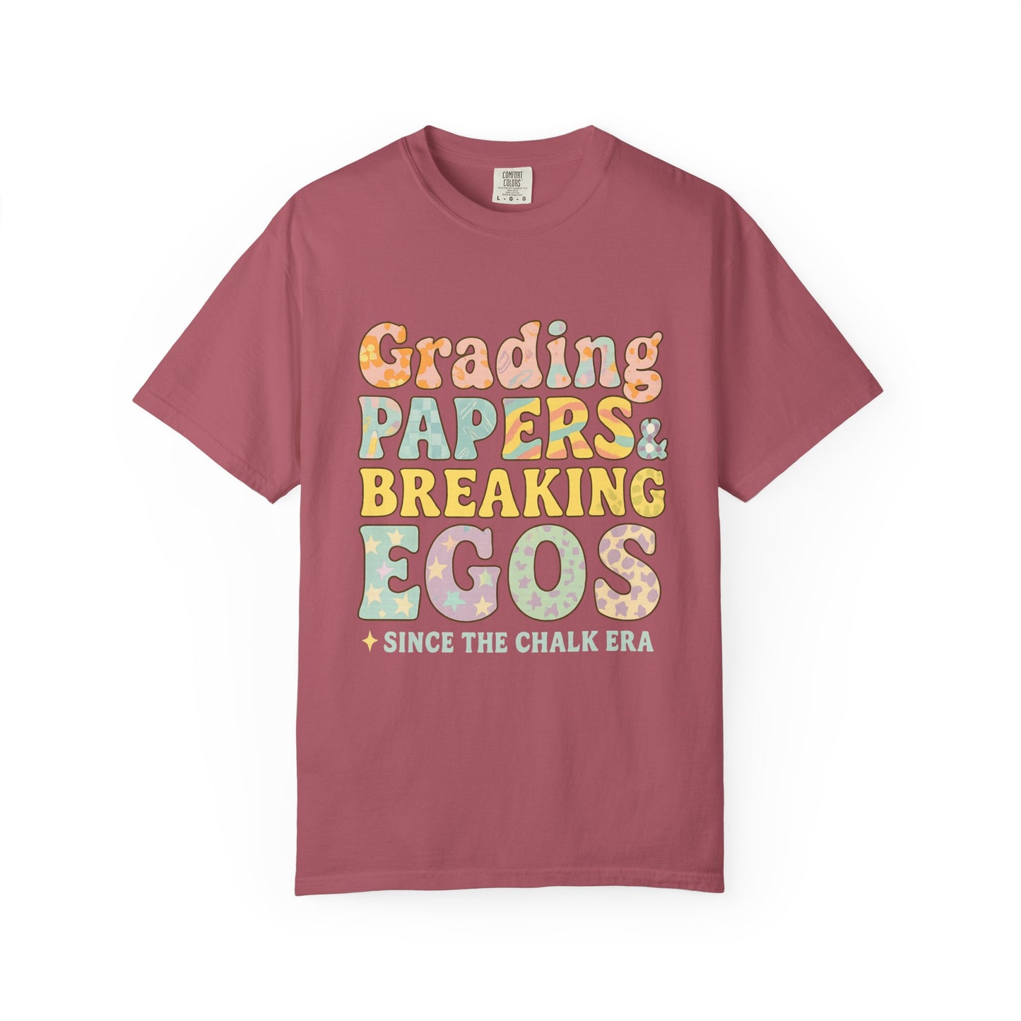 Grading Papers & Breaking Egos T-Shirt – Earthy Retro Teacher Shirt – Leopard Print, Stars, Chalk Era Quote – Trendy Teacher Gift