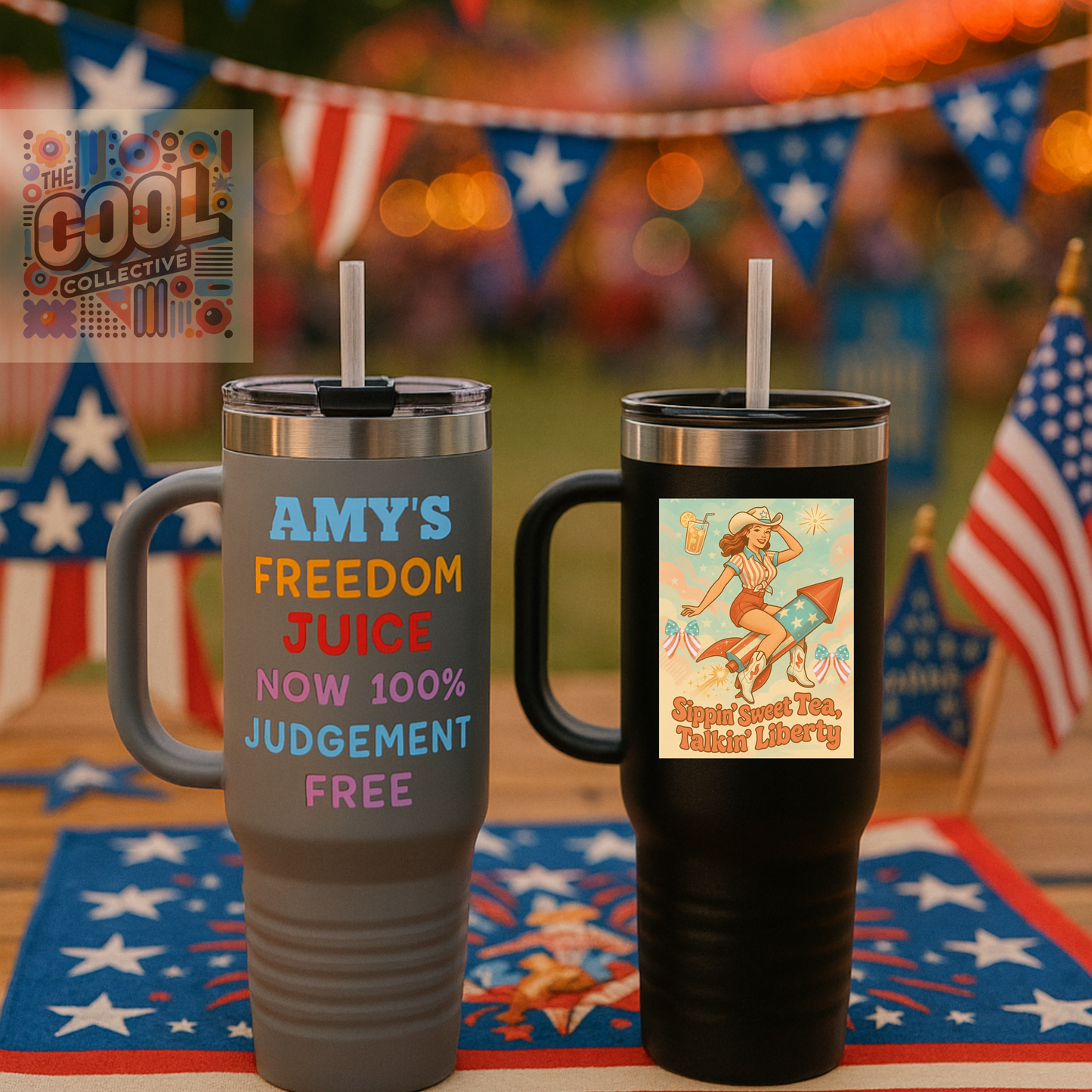 Personalized 4th of July Tumbler. Independence Day – “Sippin’ Sweet Tea, Talkin’ Liberty” – Custom Name – Amy’s Freedom Juice – Patriotic Cowgirl Rocket Design