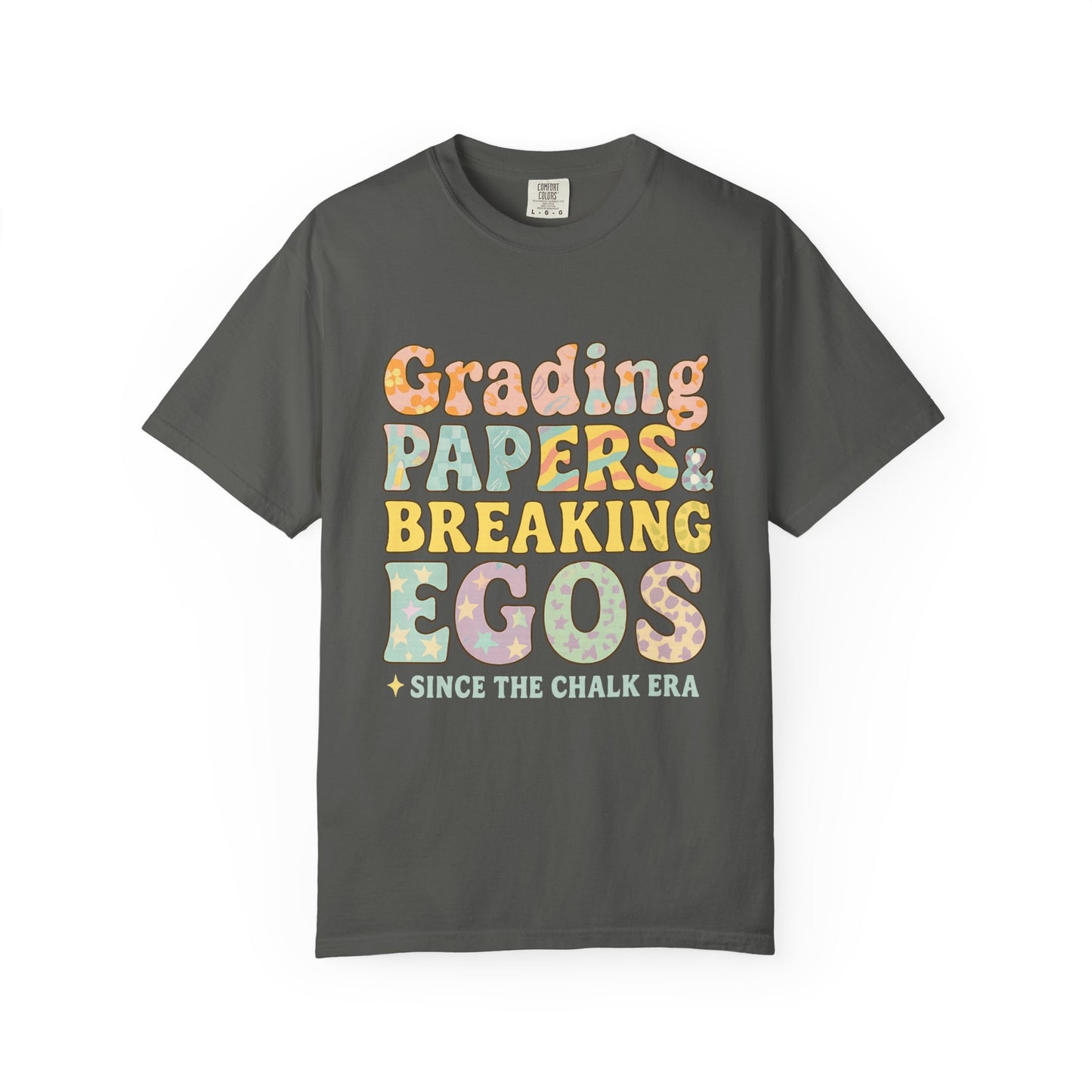 Grading Papers & Breaking Egos T-Shirt – Earthy Retro Teacher Shirt – Leopard Print, Stars, Chalk Era Quote – Trendy Teacher Gift