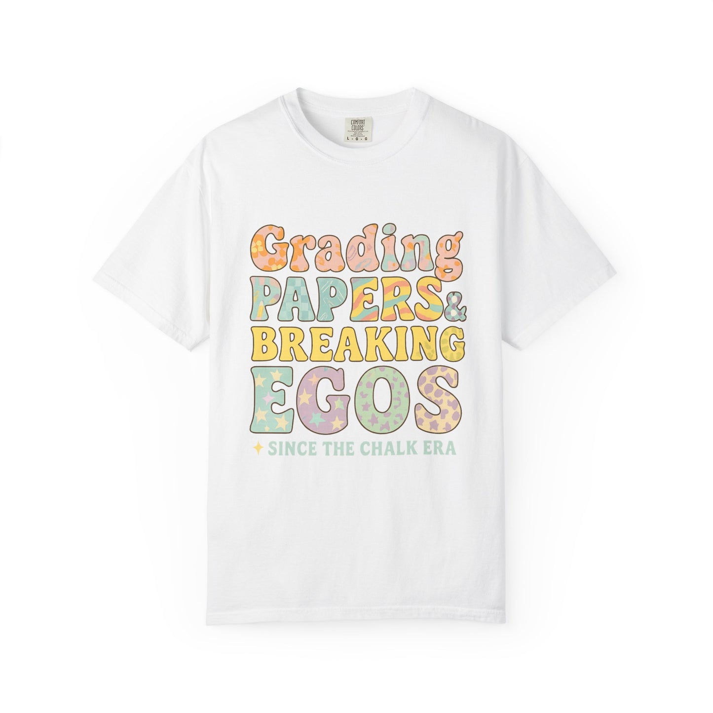 Grading Papers & Breaking Egos T-Shirt – Earthy Retro Teacher Shirt – Leopard Print, Stars, Chalk Era Quote – Trendy Teacher Gift