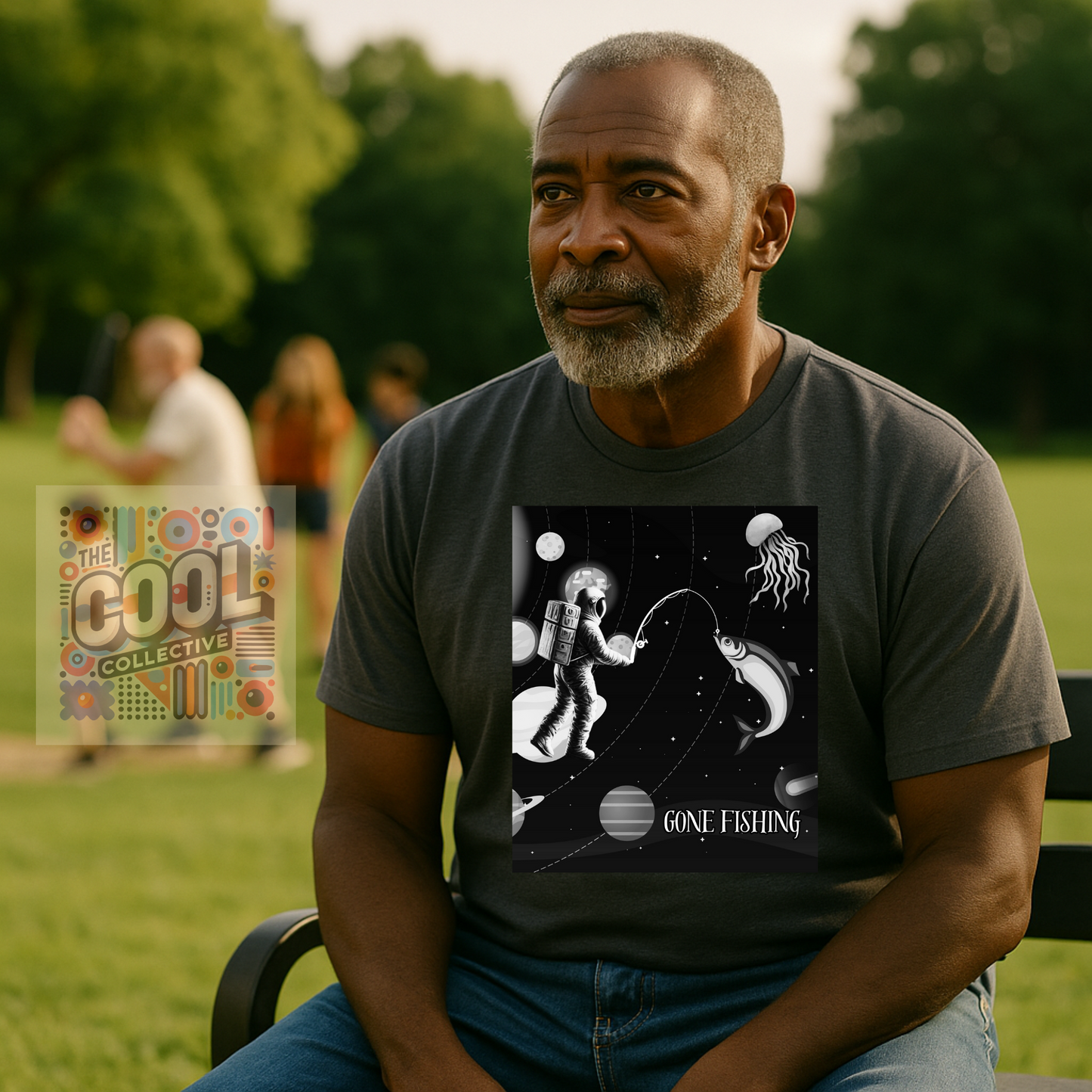 Surreal astronaut fishing in space graphic tee – cosmic fantasy shirt for sci-fi lovers and dreamy alt style