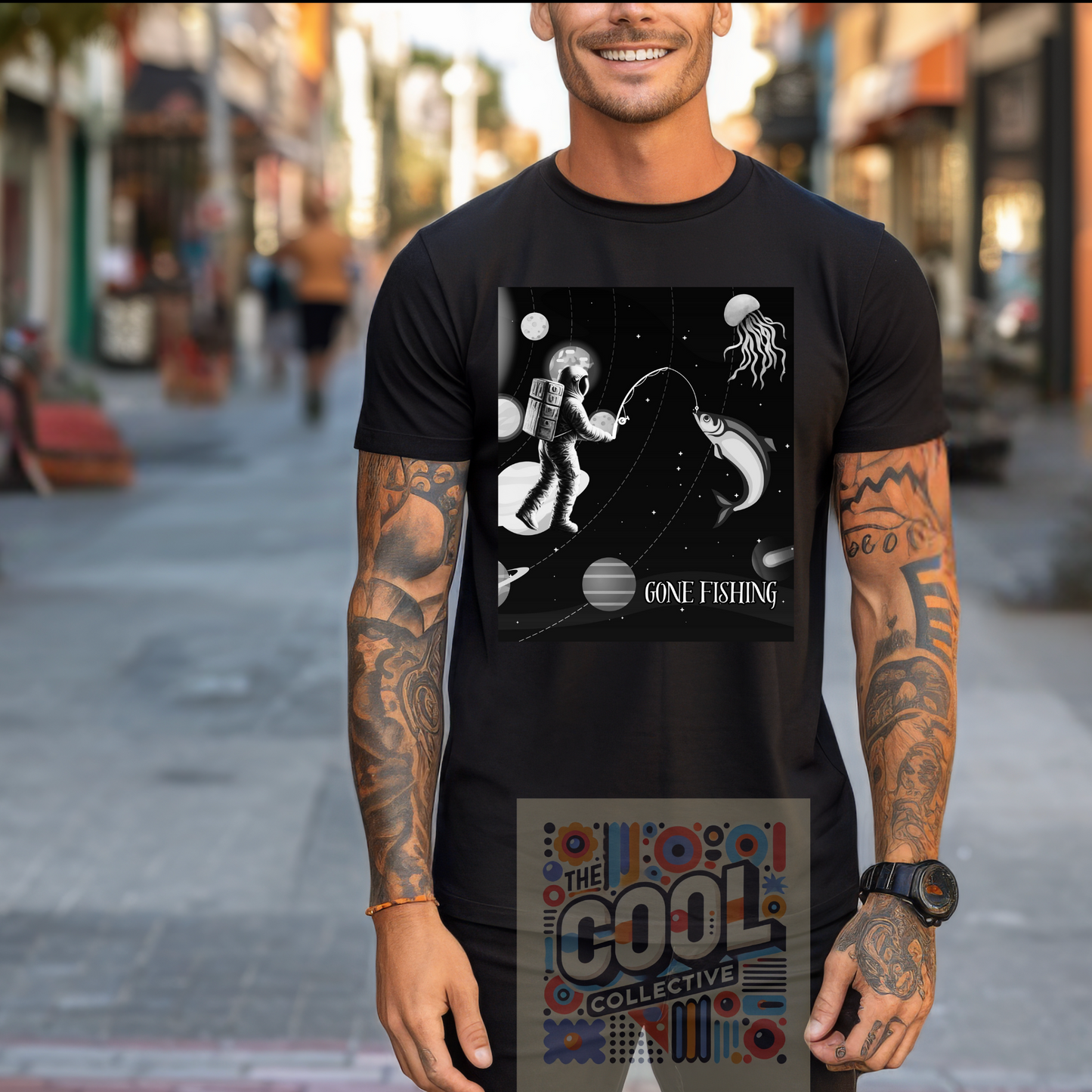 Astronaut moon fishing tee with trippy spacecore design – celestial fantasy shirt for alternative fashion lovers