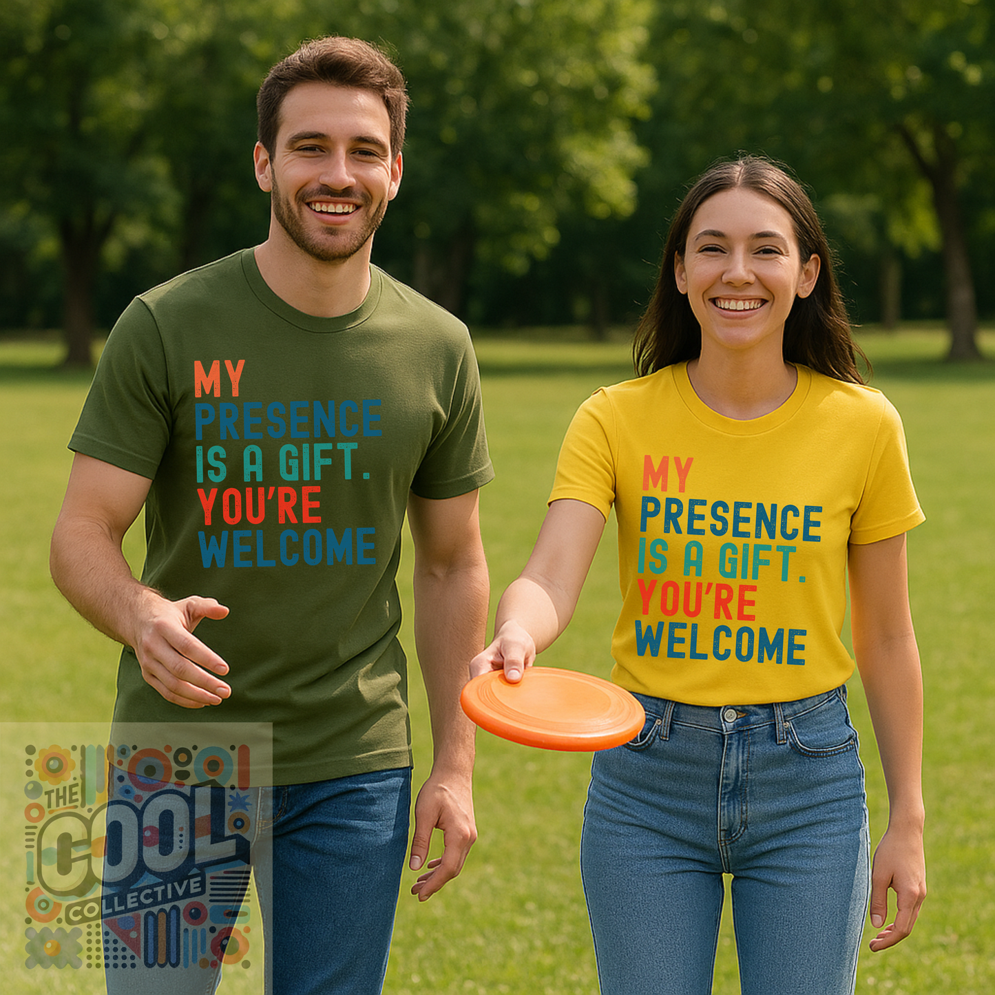 Bella Canvas t-shirt with colorful sarcastic slogan “My Presence Is a Gift. You’re Welcome”