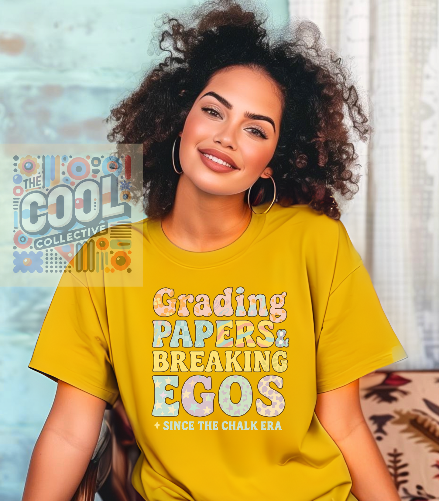 Pastel typography teacher t-shirt with the phrase ‘Grading Papers & Breaking Egos — Since the Chalk Era’ in bold retro patterns.”
