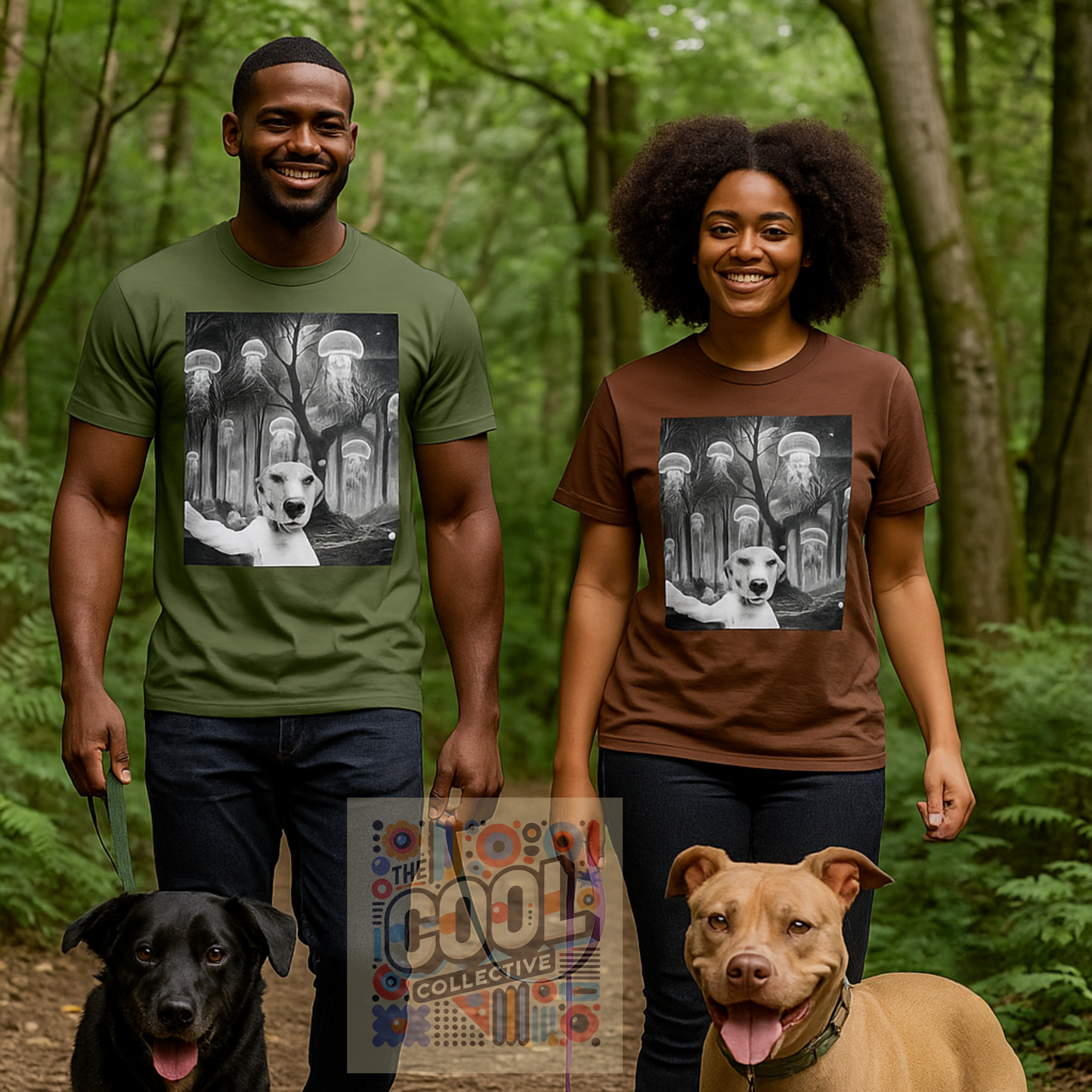 Cosmic Dog Selfie T-Shirt – Surreal Jellyfish Forest Tee | Funny Space Dog Shirt for Animal & Fantasy Art Lovers