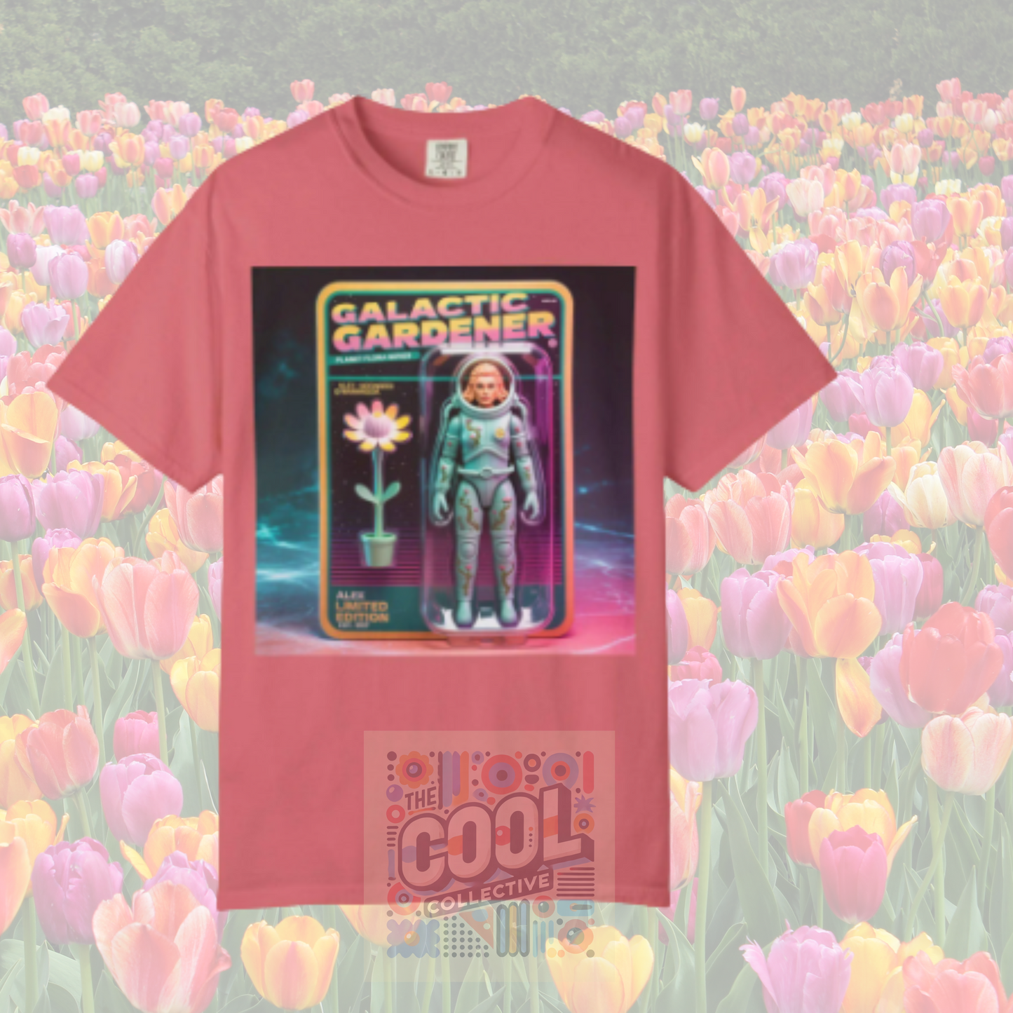 Galactic Gardener action figure T-shirt in retro 80s toy box style, featuring a surreal sci-fi space character on a Comfort Colors tee with customizable name, title, and year – personalized collectible design for nostalgic gift lovers