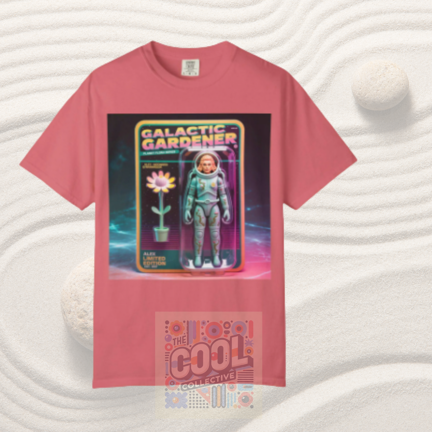 Personalized retro action figure T-shirt with sci-fi toy packaging design, printed on a Comfort Colors tee, featuring a surreal galactic gardener and custom name and date for a nostalgic collector-style gift