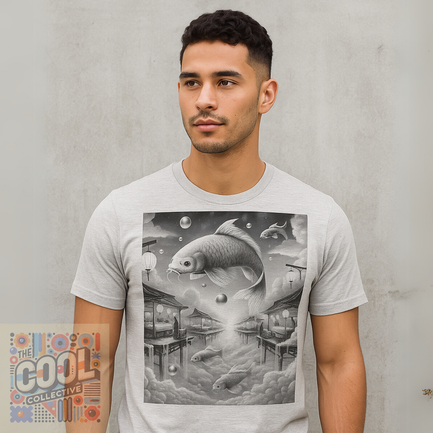 Black and white surreal koi floating T-shirt print