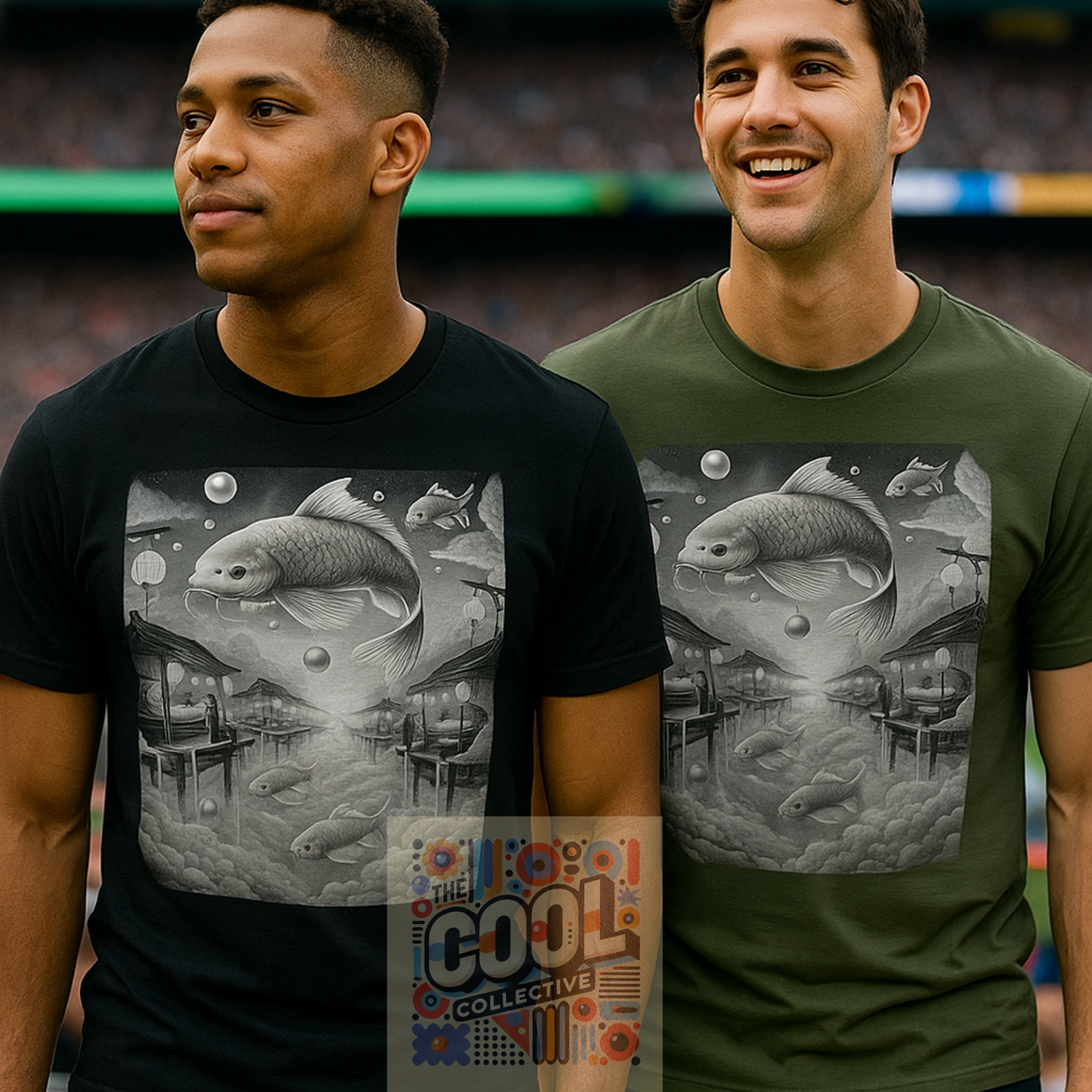 Cosmic koi fish artwork for men’s fashion tee