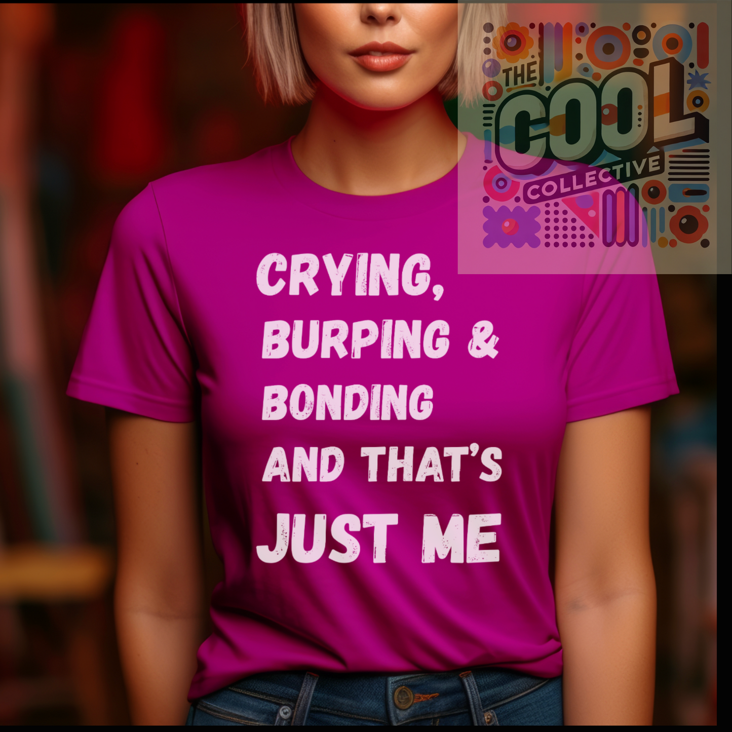 A unisex retro-style t-shirt with the phrase “Crying, Burping & Bonding – And That’s Just Me.” Ideal for new parents, caregivers, and baby shower gift buyers.