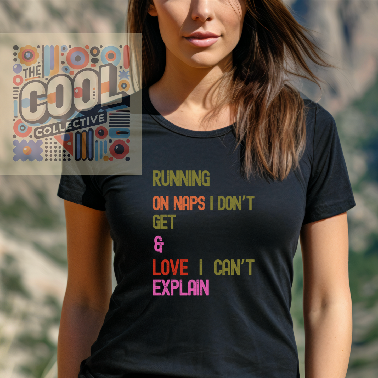 A unisex retro-style t-shirt with the phrase “Running on Naps I Don’t Get and Love I Can’t Explain.” Designed for sleep-deprived new parents, moms, and caregivers.