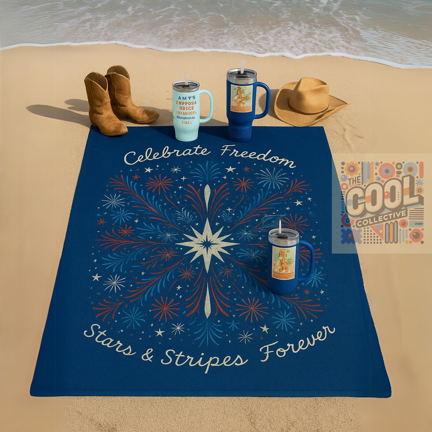 4th of July beach blanket with patriotic fireworks and freedom quote, styled with liberty-themed tumblers and boho summer accessories for Independence Day celebration