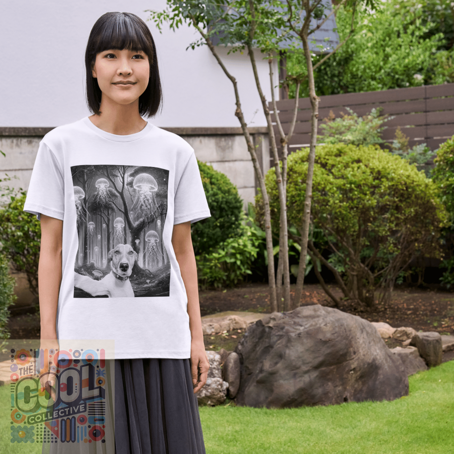 Cosmic Dog Selfie T-Shirt – Surreal Jellyfish Forest Tee | Funny Space Dog Shirt for Animal & Fantasy Art Lovers