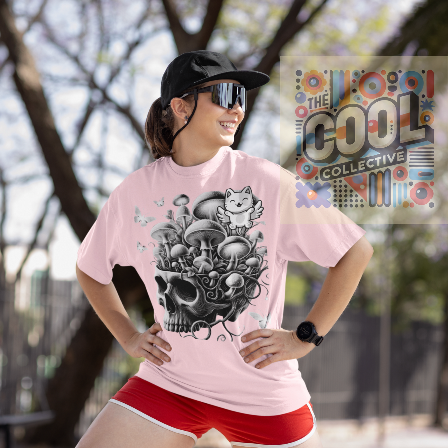 Surreal mushroom skull garden graphic T-shirt – gothic alt aesthetic tee with trippy mushroom and skull illustration, perfect for cottagecore, witchy, and fantasy lovers