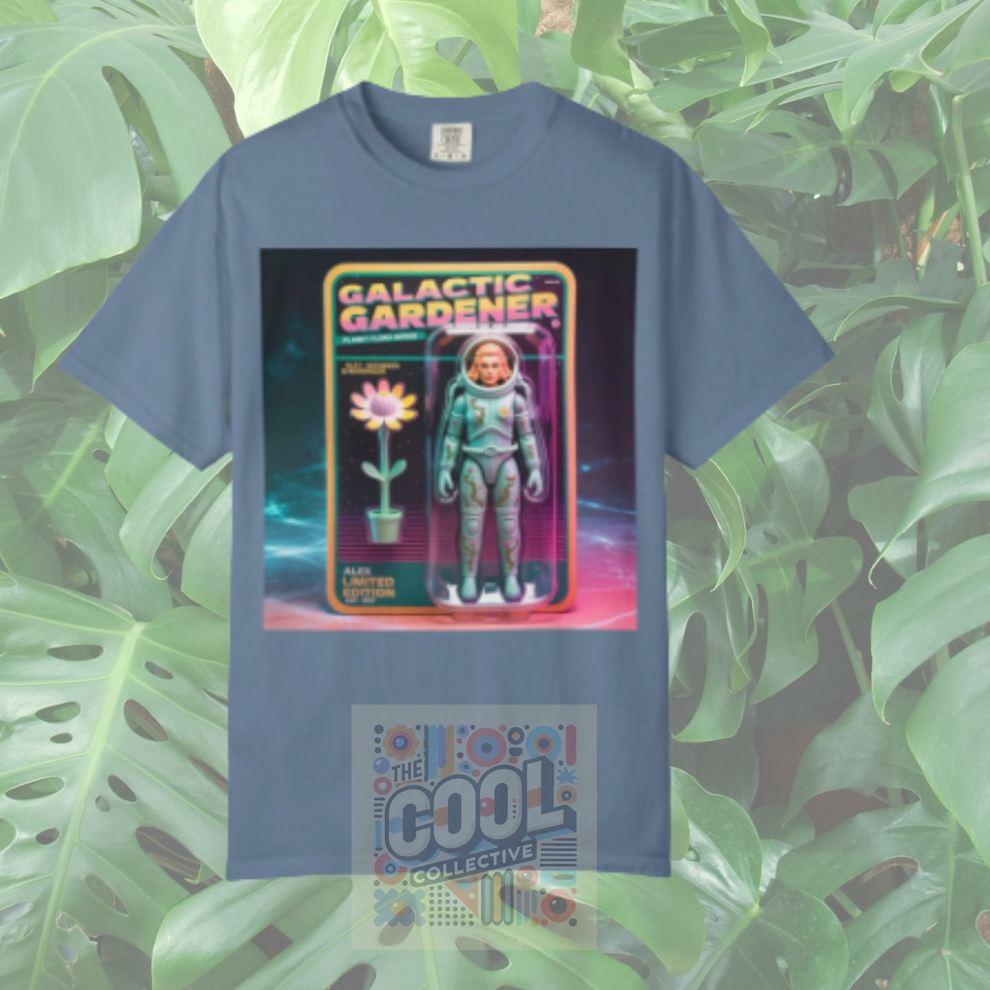 Custom sci-fi action figure tee with retro 1980s toy box artwork, Comfort Colors shirt featuring personalized name, title, and est. date, perfect for vintage and fantasy lovers