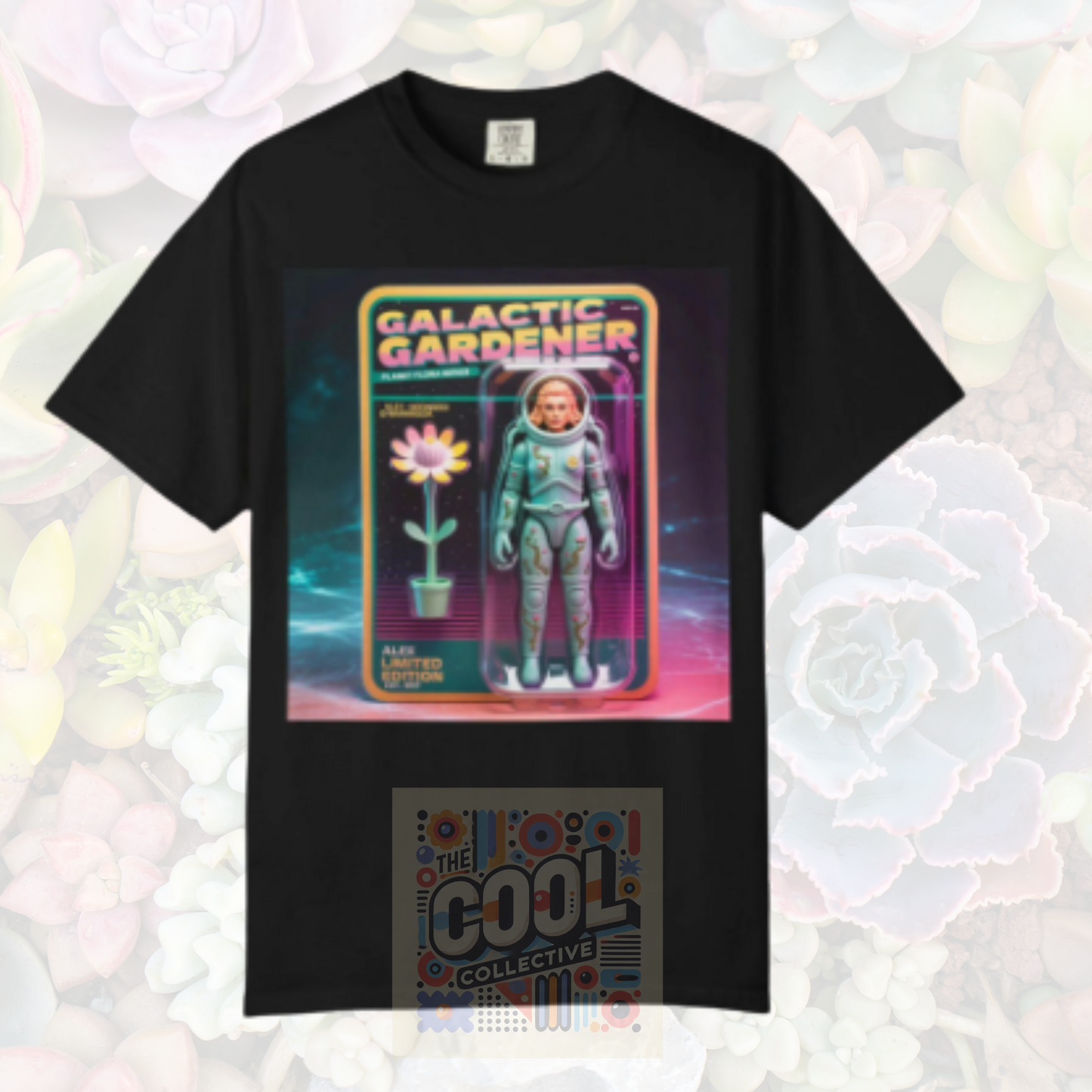 Retro-inspired personalized T-shirt with galactic action figure design, surreal space theme on a Comfort Colors tee, includes custom name and year for a one-of-a-kind vintage-style gift