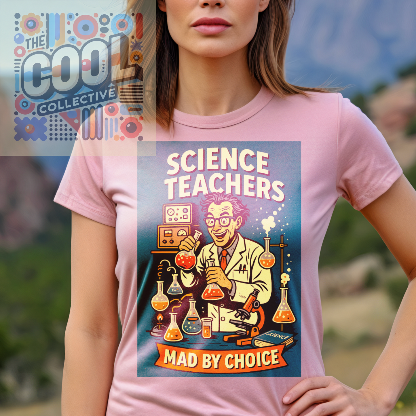 Retro 1950s-style "Science Teachers: Mad by Choice" shirt featuring mad scientist lab scene with colorful classroom experiments and vintage comic art