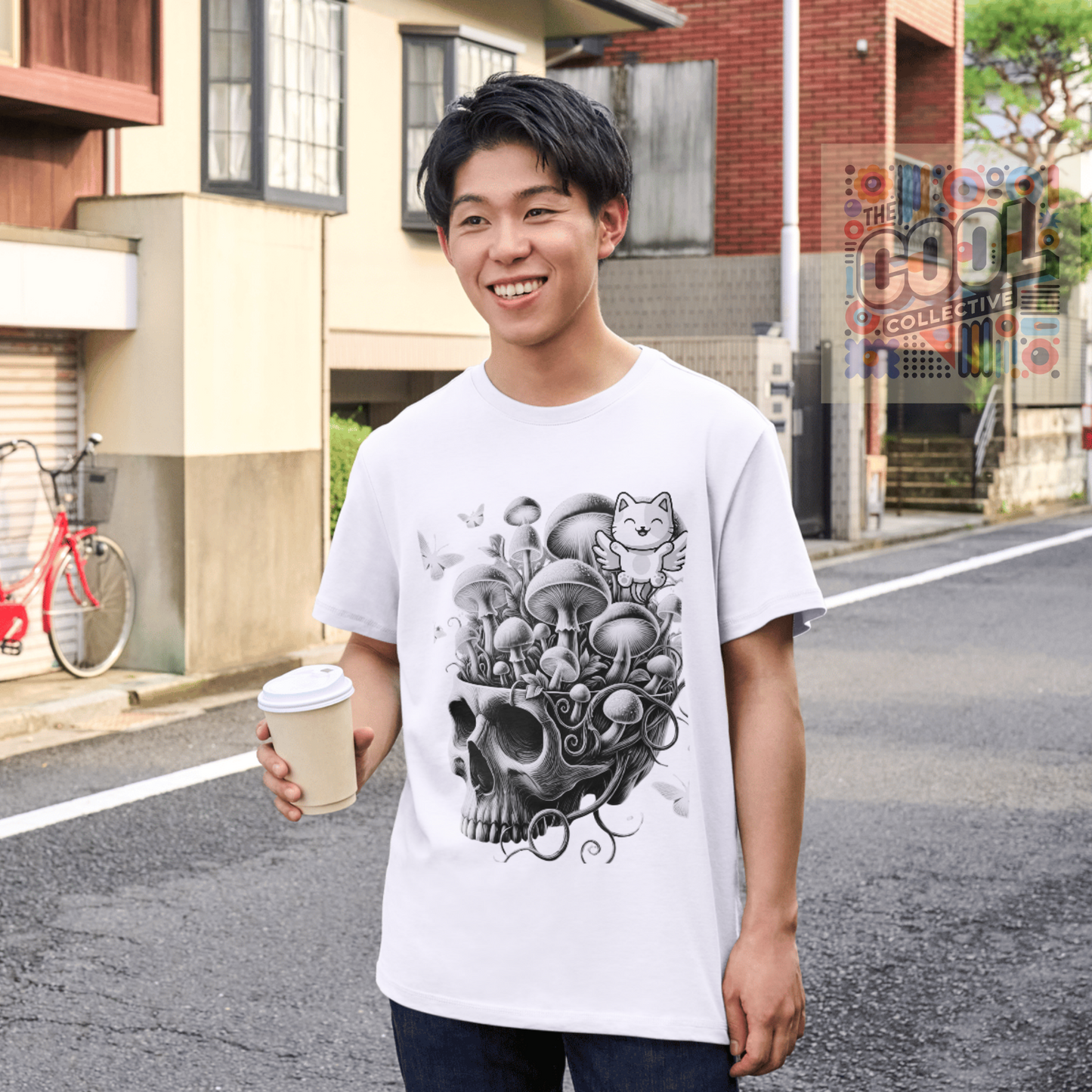Skull and mushroom garden graphic tee with surreal gothic design – alt aesthetic T-shirt for cottagecore and fantasy lovers