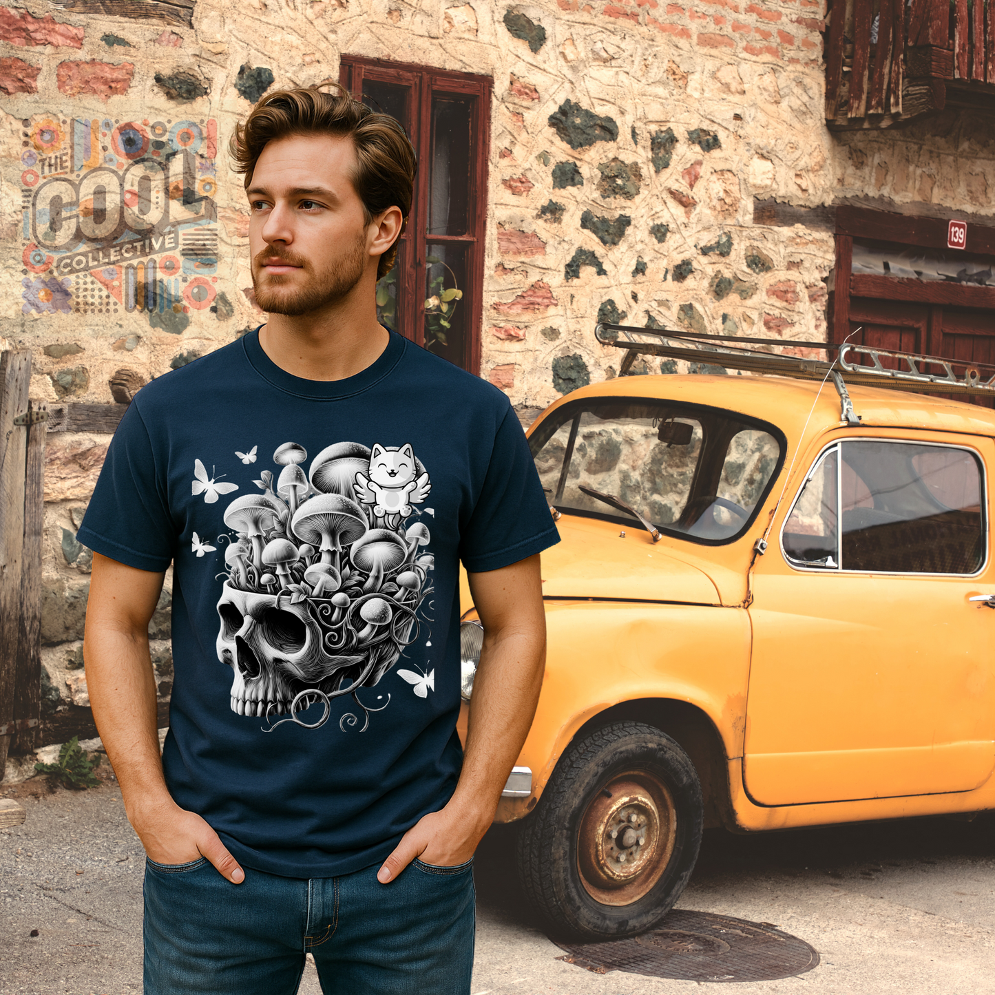 Surreal skull garden T-shirt with mushrooms and bones – cottagegore and dark magic-inspired alt fashion"