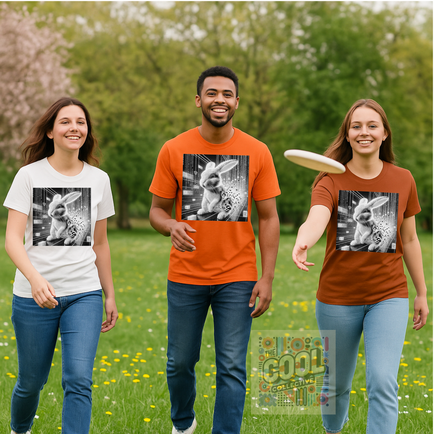 Surreal glitchcore bunny T-shirt with trippy digital matrix aesthetic, ideal for Easter, spring fashion, and fans of vaporwave or pixel art rabbit graphics