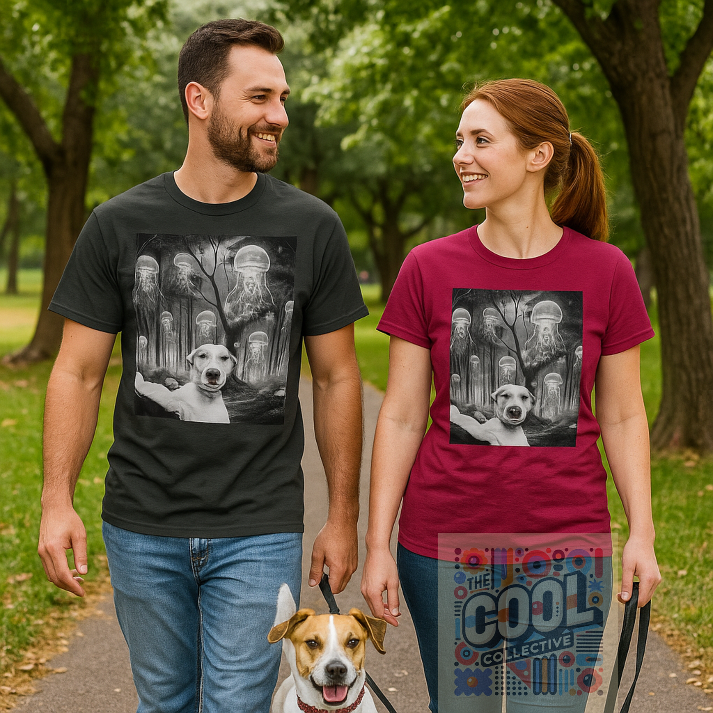 Cosmic Dog Selfie T-Shirt – Surreal Jellyfish Forest Tee | Funny Space Dog Shirt for Animal & Fantasy Art Lovers