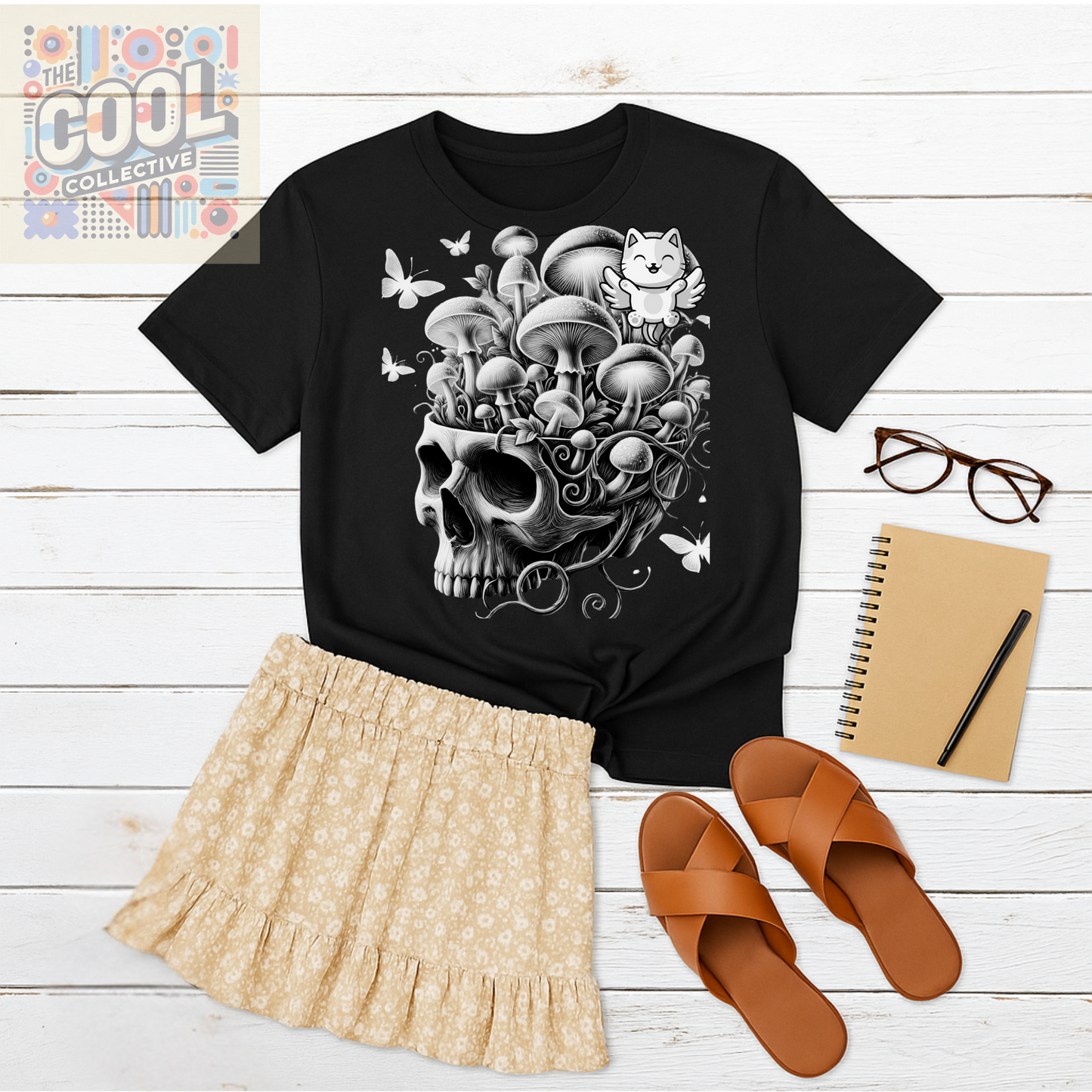 Gothic mushroom and skull garden tee with surreal fantasy art – ideal for tarot lovers, dark academia, and alternative fashion fans