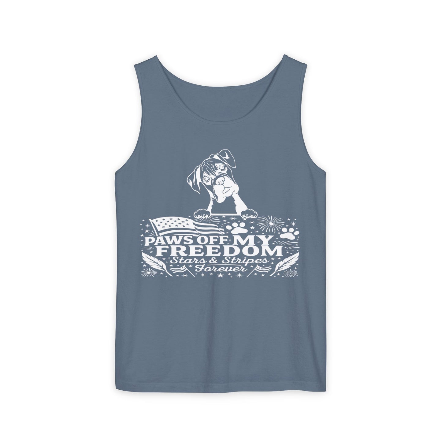 Paws Off My Freedom Tank Top, Patriotic Unisex Comfort Colors 4th of July Shirt, Stars & Stripes Summer, USA Tee, Patriotic Dog Lover, Summer Apparel, Fourth of July Shirt, Gift for Dog Owners, Animal Lover Clothing