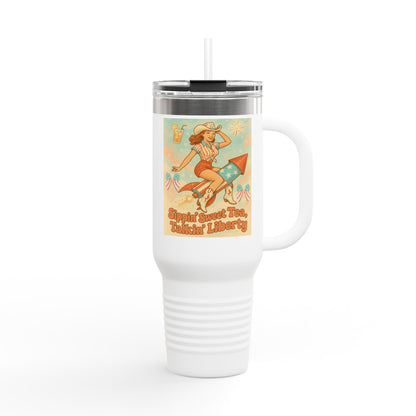 Personalized 4th of July Tumbler. Independence Day – “Sippin’ Sweet Tea, Talkin’ Liberty” – Custom Name – Amy’s Freedom Juice – Patriotic Cowgirl Rocket Design