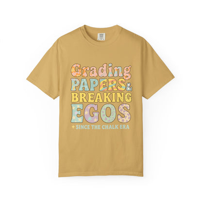 Grading Papers & Breaking Egos T-Shirt – Earthy Retro Teacher Shirt – Leopard Print, Stars, Chalk Era Quote – Trendy Teacher Gift