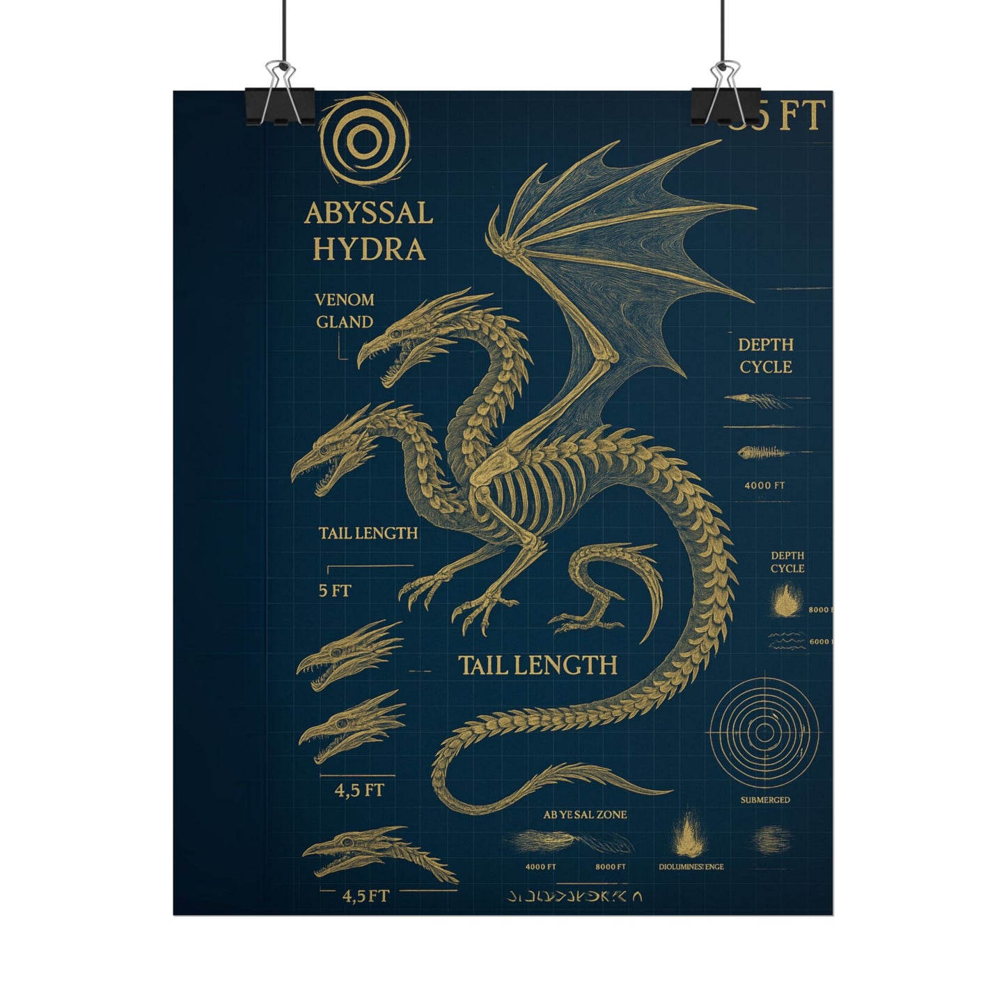 Abyssal Hydra Blueprint Wall Art, Mythical Dragon Anatomy Poster, Fantasy Sea Creature Decor, Steampunk Deep Sea Illustration, Gothic Nerd