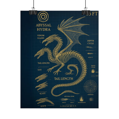 Abyssal Hydra Blueprint Wall Art, Mythical Dragon Anatomy Poster, Fantasy Sea Creature Decor, Steampunk Deep Sea Illustration, Gothic Nerd