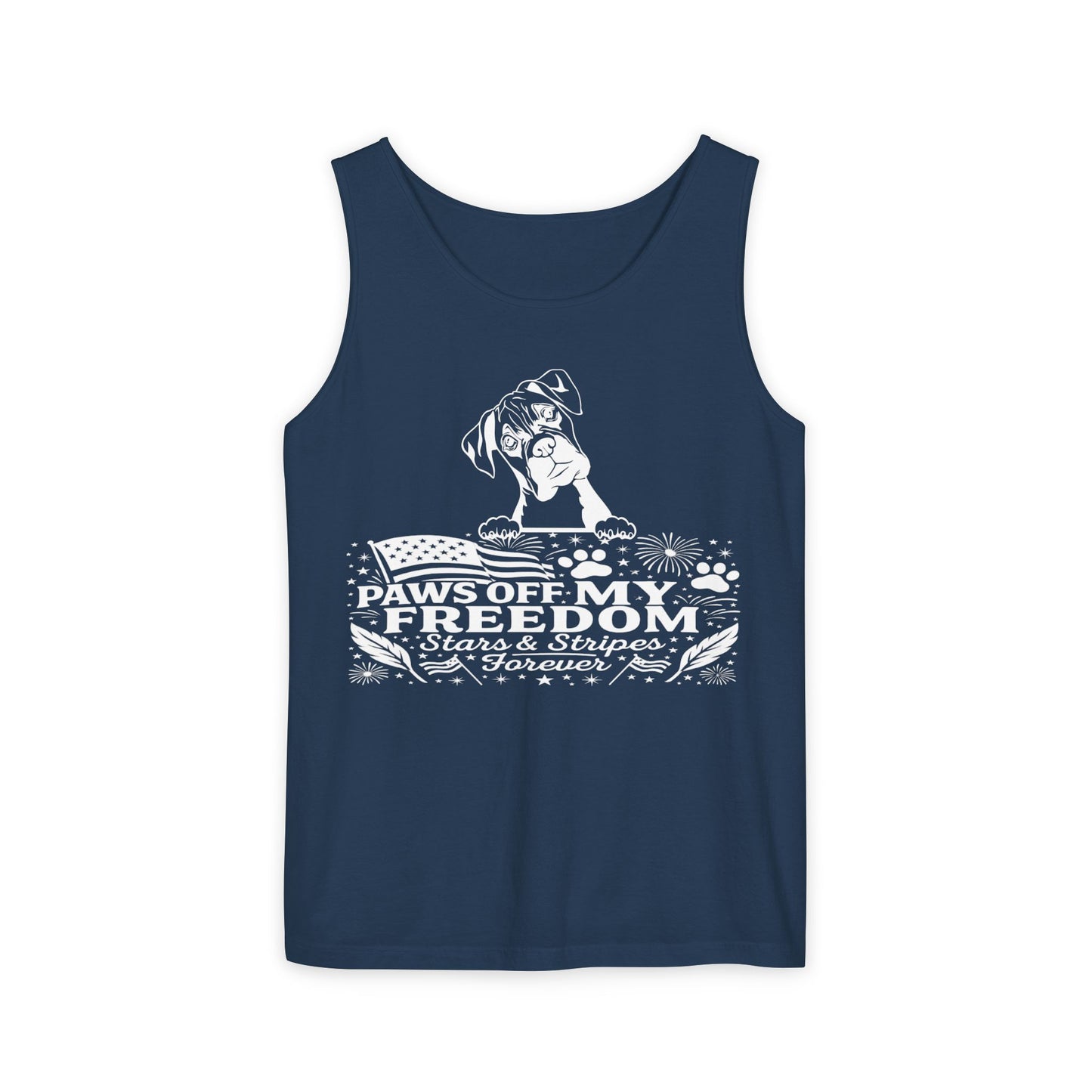 Paws Off My Freedom Tank Top, Patriotic Unisex Comfort Colors 4th of July Shirt, Stars & Stripes Summer, USA Tee, Patriotic Dog Lover, Summer Apparel, Fourth of July Shirt, Gift for Dog Owners, Animal Lover Clothing