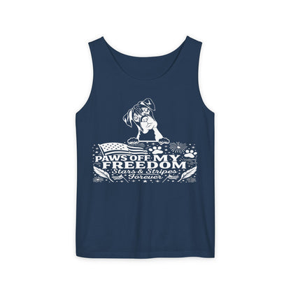 Paws Off My Freedom Tank Top, Patriotic Unisex Comfort Colors 4th of July Shirt, Stars & Stripes Summer, USA Tee, Patriotic Dog Lover, Summer Apparel, Fourth of July Shirt, Gift for Dog Owners, Animal Lover Clothing