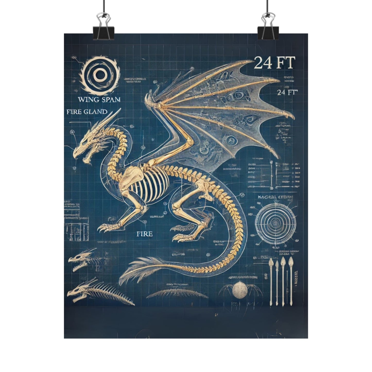 Dragon Blueprint Wall Art, Fire-Breathing Fantasy Anatomy Poster, Mythical Creature Skeleton Print, Gothic Steampunk, Gamers, Collectors