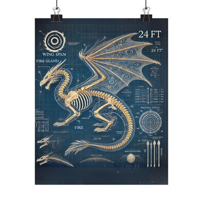 Dragon Blueprint Wall Art, Fire-Breathing Fantasy Anatomy Poster, Mythical Creature Skeleton Print, Gothic Steampunk, Gamers, Collectors