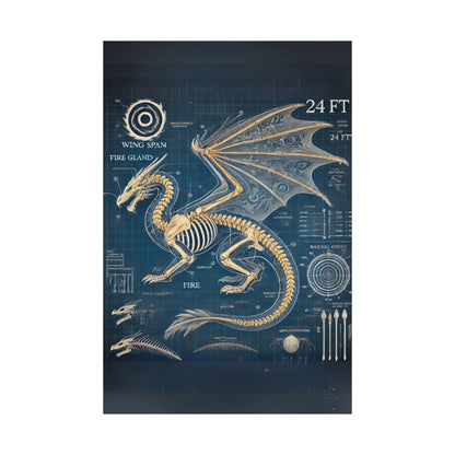 Dragon Blueprint Wall Art, Fire-Breathing Fantasy Anatomy Poster, Mythical Creature Skeleton Print, Gothic Steampunk, Gamers, Collectors
