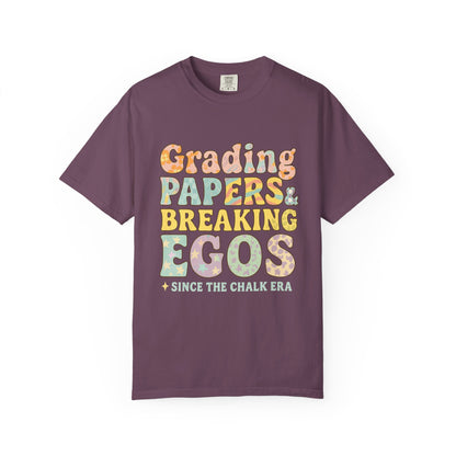 Grading Papers & Breaking Egos T-Shirt – Earthy Retro Teacher Shirt – Leopard Print, Stars, Chalk Era Quote – Trendy Teacher Gift